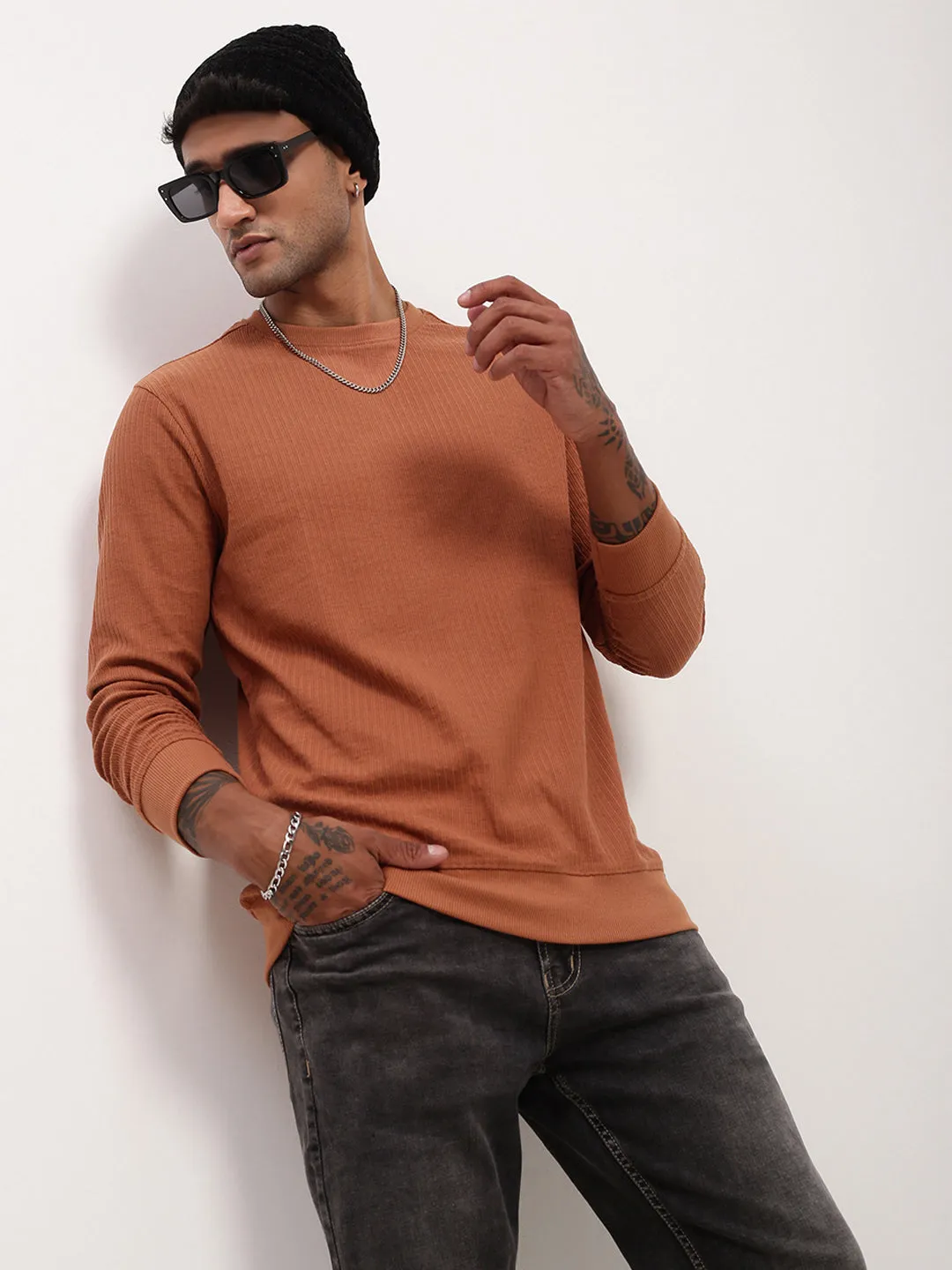 Fashionable Layer Bar Hopping Men's Rust Round Neck Sweatshirt