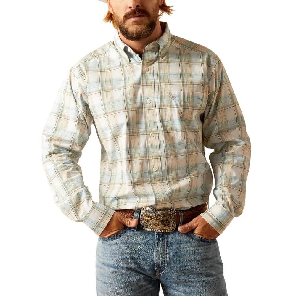 Ariat Men's Pro Series Georgie L/S Classic Fit Western Button Down Shirt in Light Turquoise Plaid Ethically Sourced Materials