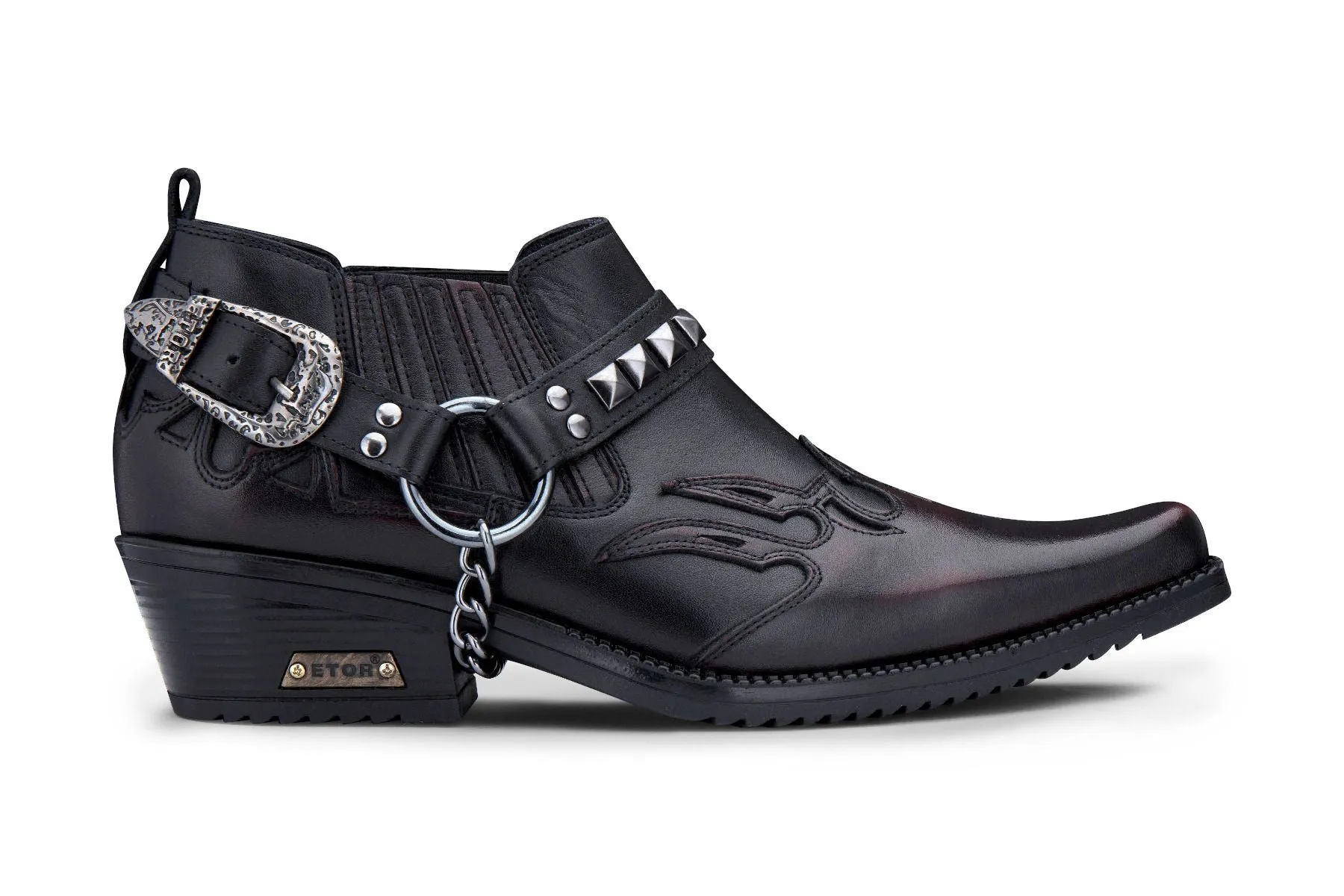 Versatile Footwear Men's Black Leather Winklepicker Studded Western Biker Shoes