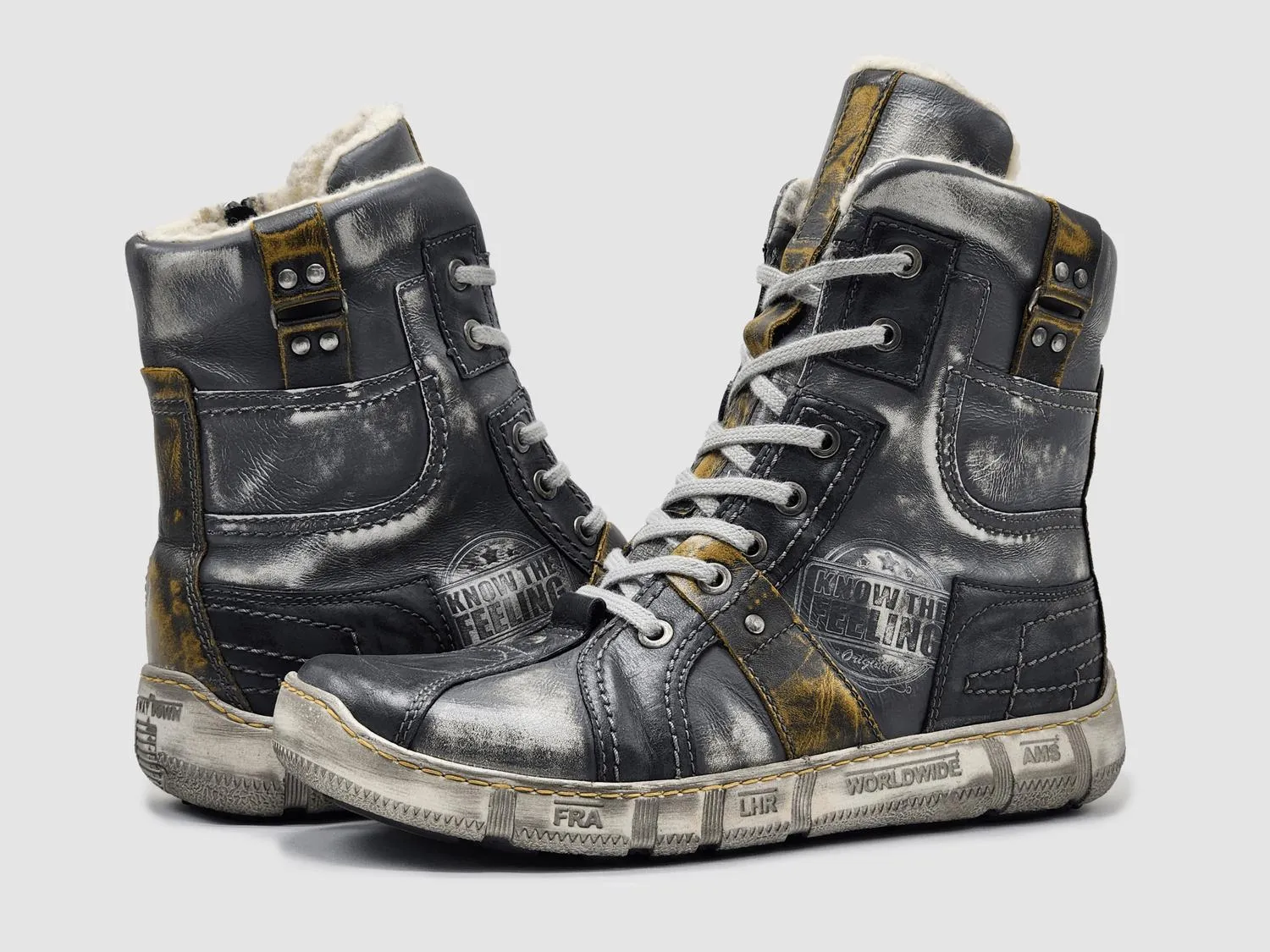 Neutral Accent Basic Line Men's Tall Comfort Thick Wool Lined Zip-Up Leather Boots In Grey/yellow