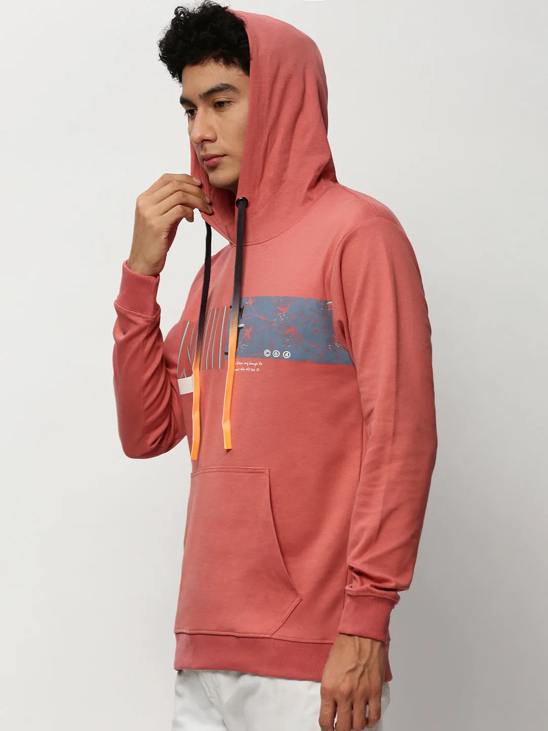 Indoor Wear Men's Peach Graphic Printed Hooded Pullover Cotton Sweatshirt