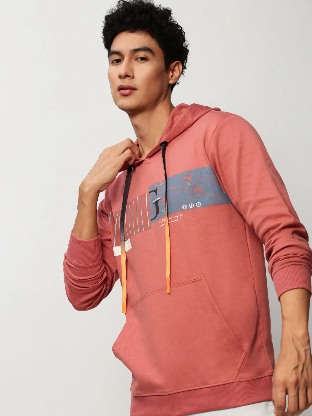 Soft Layers Men's Peach Graphic Printed Hooded Pullover Cotton Sweatshirt