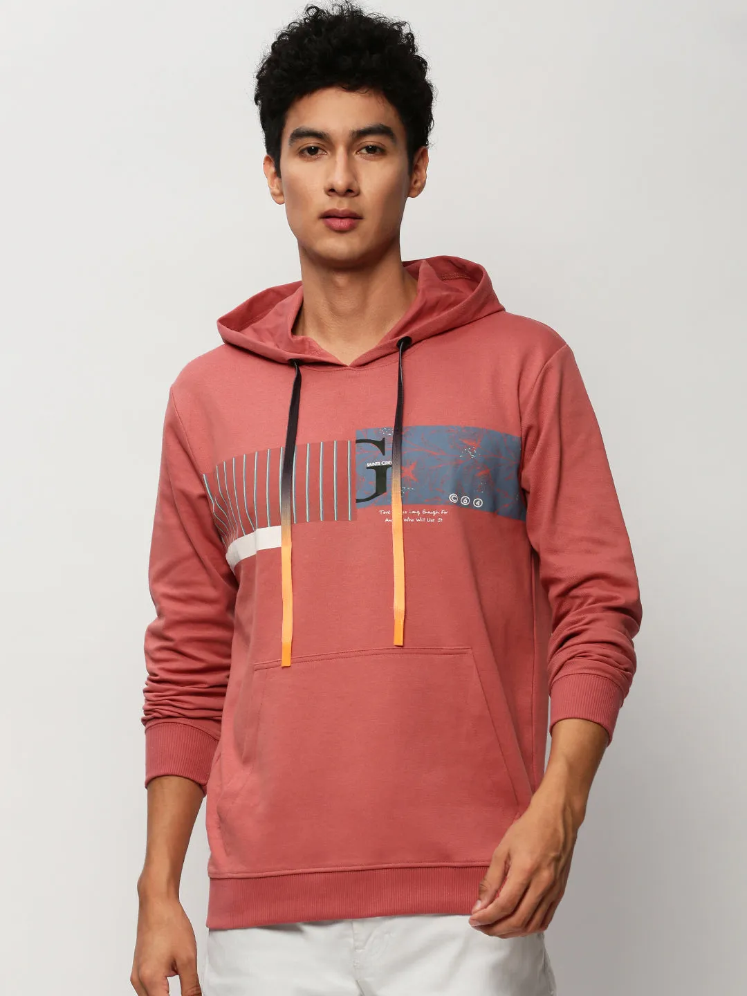 product retro nostalgia Men's Peach Graphic Printed Hooded Pullover Cotton Sweatshirt