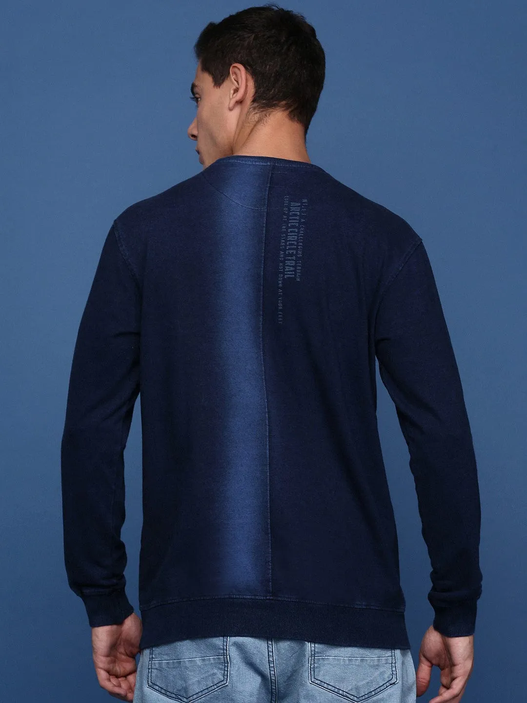 Daily Minimal Home friendly Men's Round Neck Printed Navy Blue Pullover