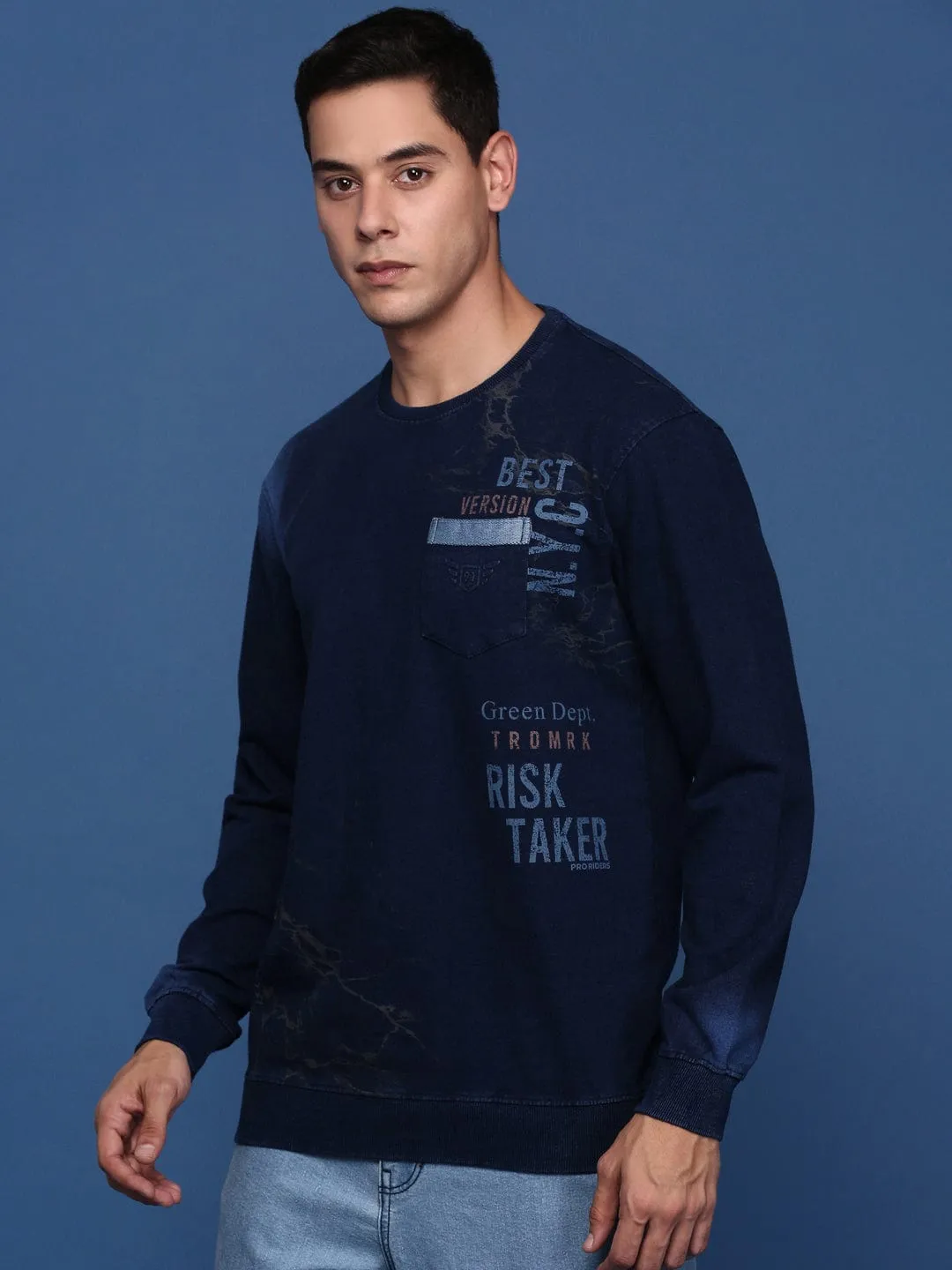 Stylish Fit Spring Wear Men's Round Neck Printed Navy Blue Pullover