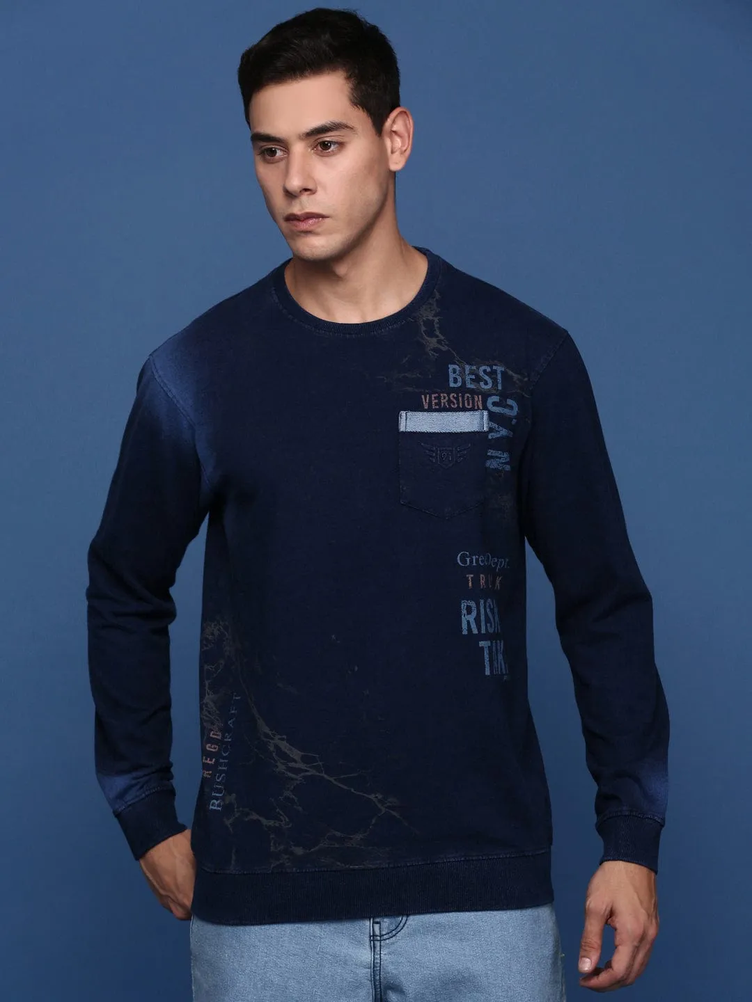 Men's Round Neck Printed Navy Blue Pullover Comfy Wear