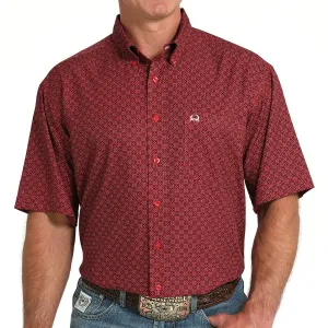 Cinch Men's S/S Arenaflex Geometric Print Western Button Down Shirt in Red V neck style
