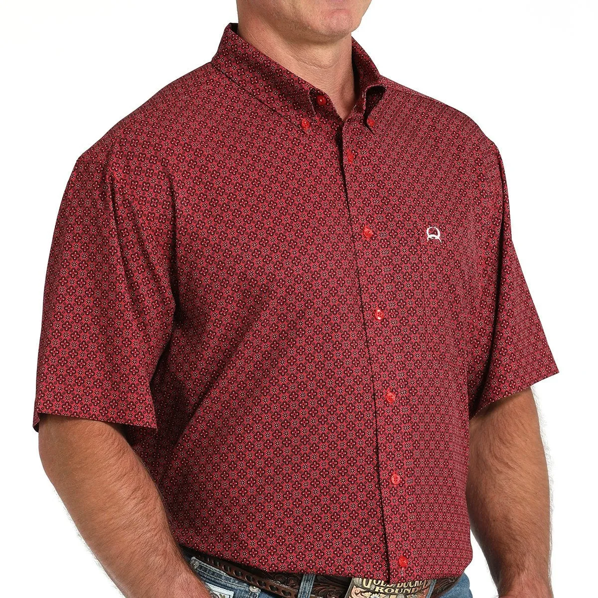 Cinch Men's S/S Arenaflex Geometric Print Western Button Down Shirt in Red Lightweight Comfort