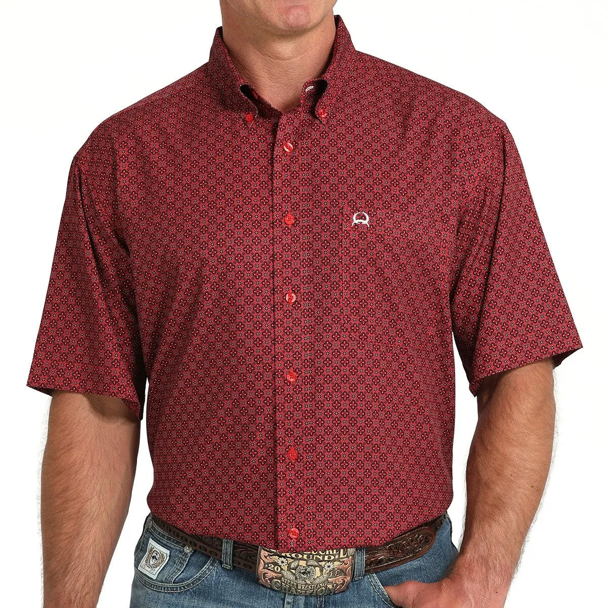 Cinch Men's S/S Arenaflex Geometric Print Western Button Down Shirt in Red V neck style