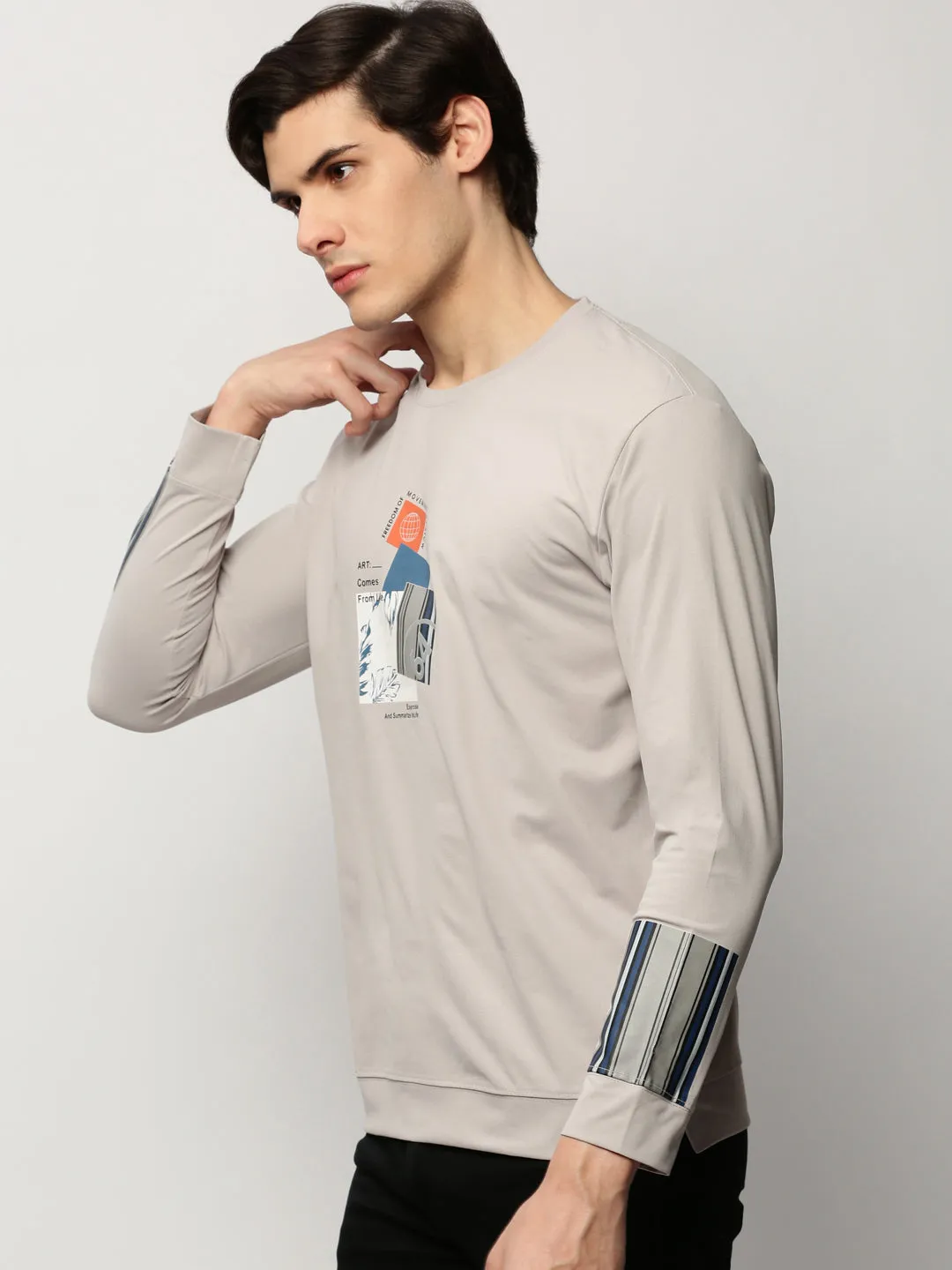 pattern trend Contrast Trim Men's Grey Graphic Printed Cotton Pullover