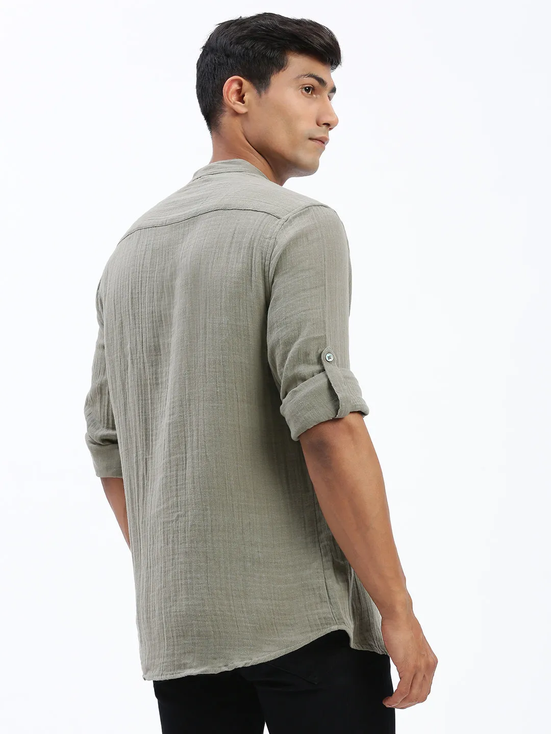 Men's Green Cotton Solid Shirt Ventilated Back Panel