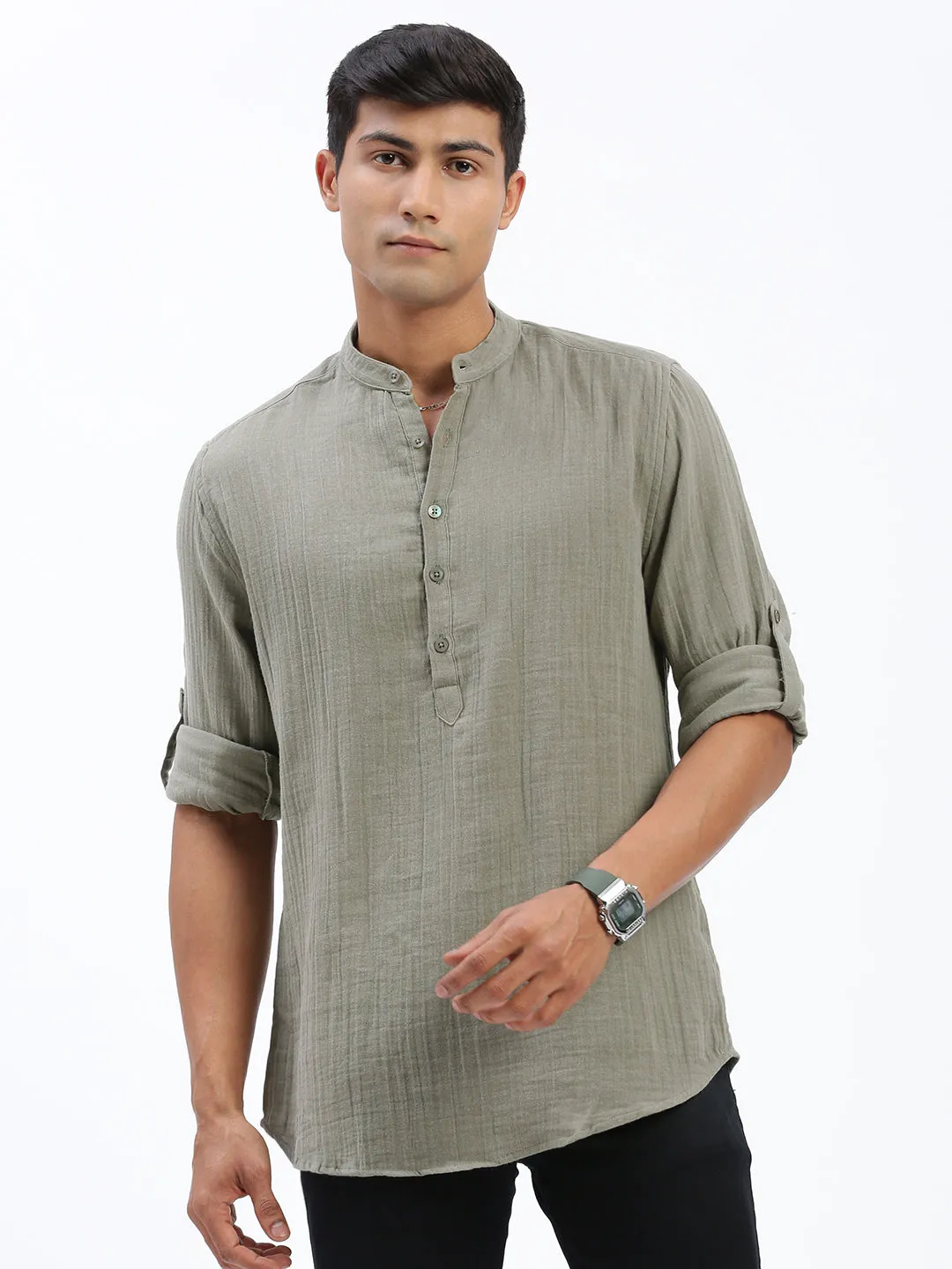 Men's Green Cotton Solid Shirt Adjustable Drawcord