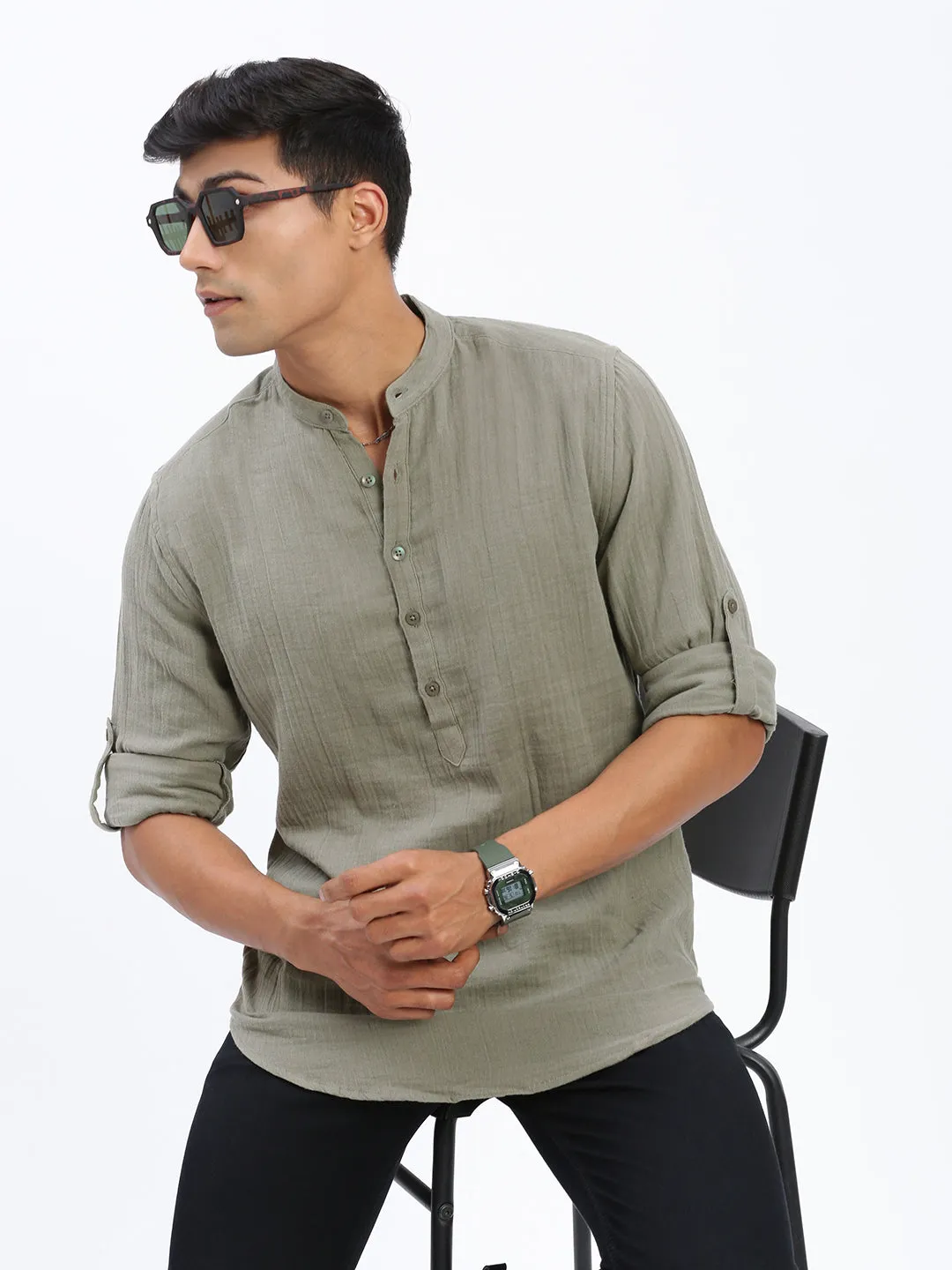 Men's Green Cotton Solid Shirt Flexible Material Athletic Wear