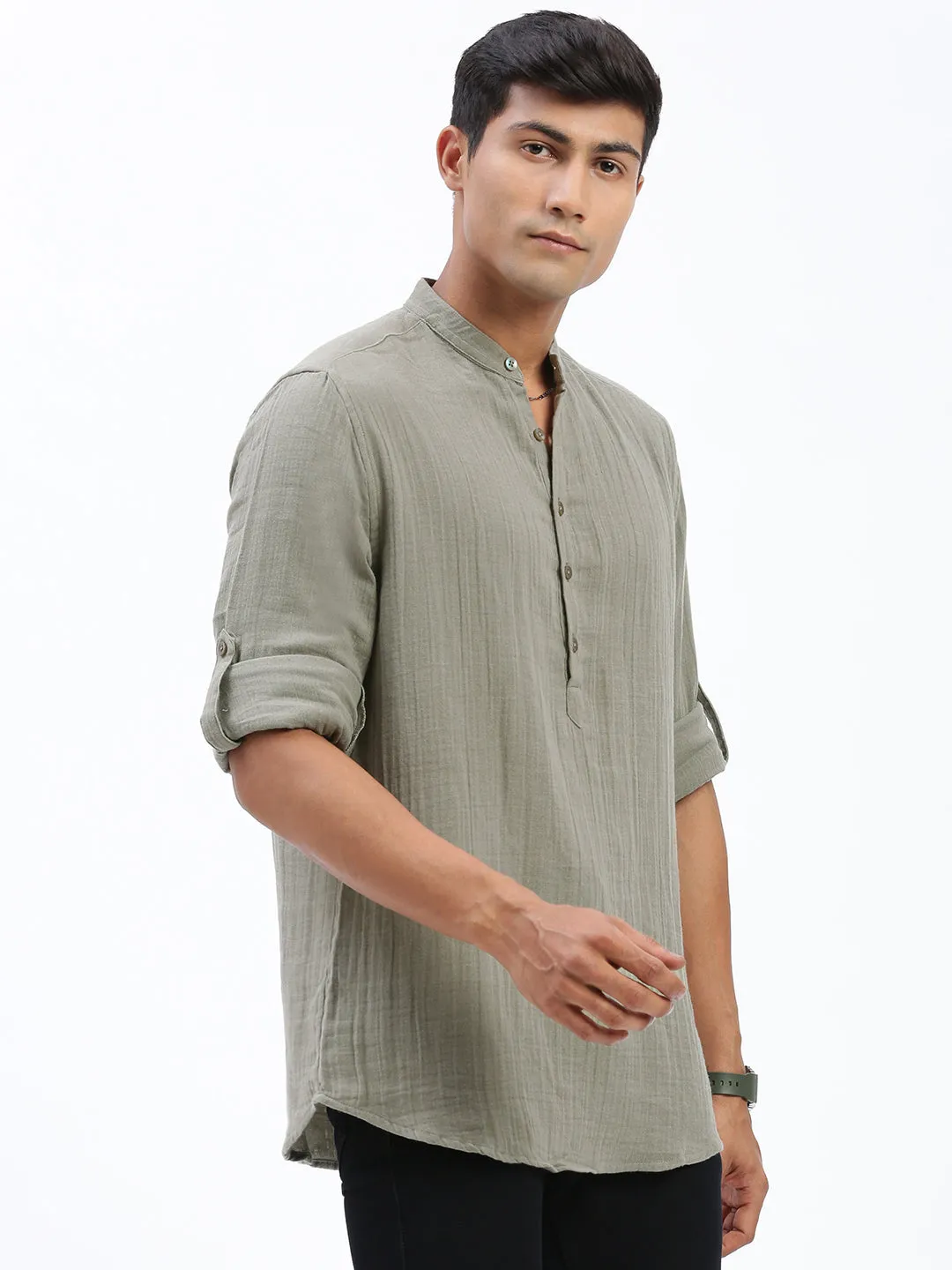 WrinkleFree Fabric Men's Green Cotton Solid Shirt