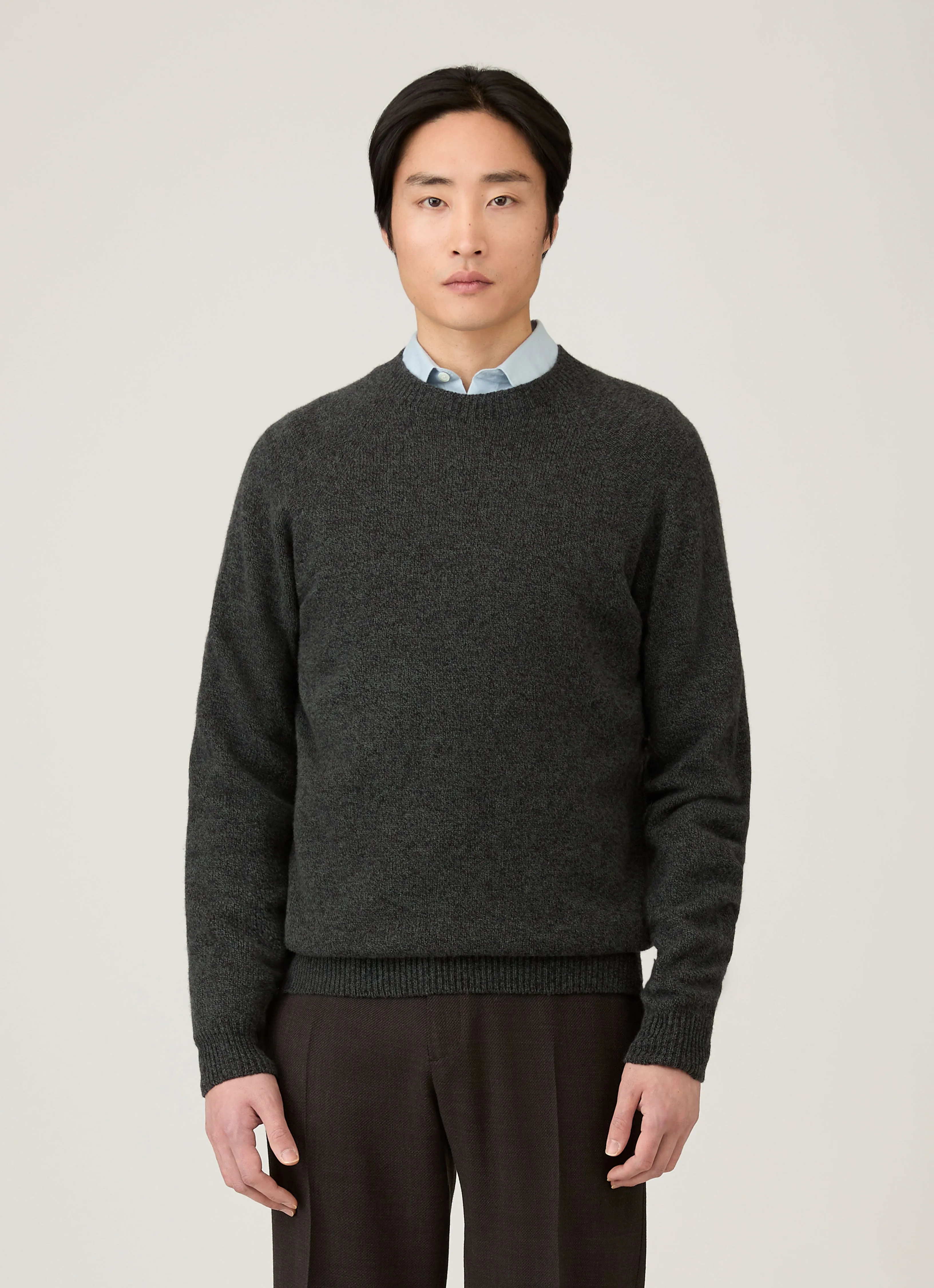 Classic Comfort GarmentDyed Finish Men's Lambswool Crew Neck Jumper in Dark Green Twist
