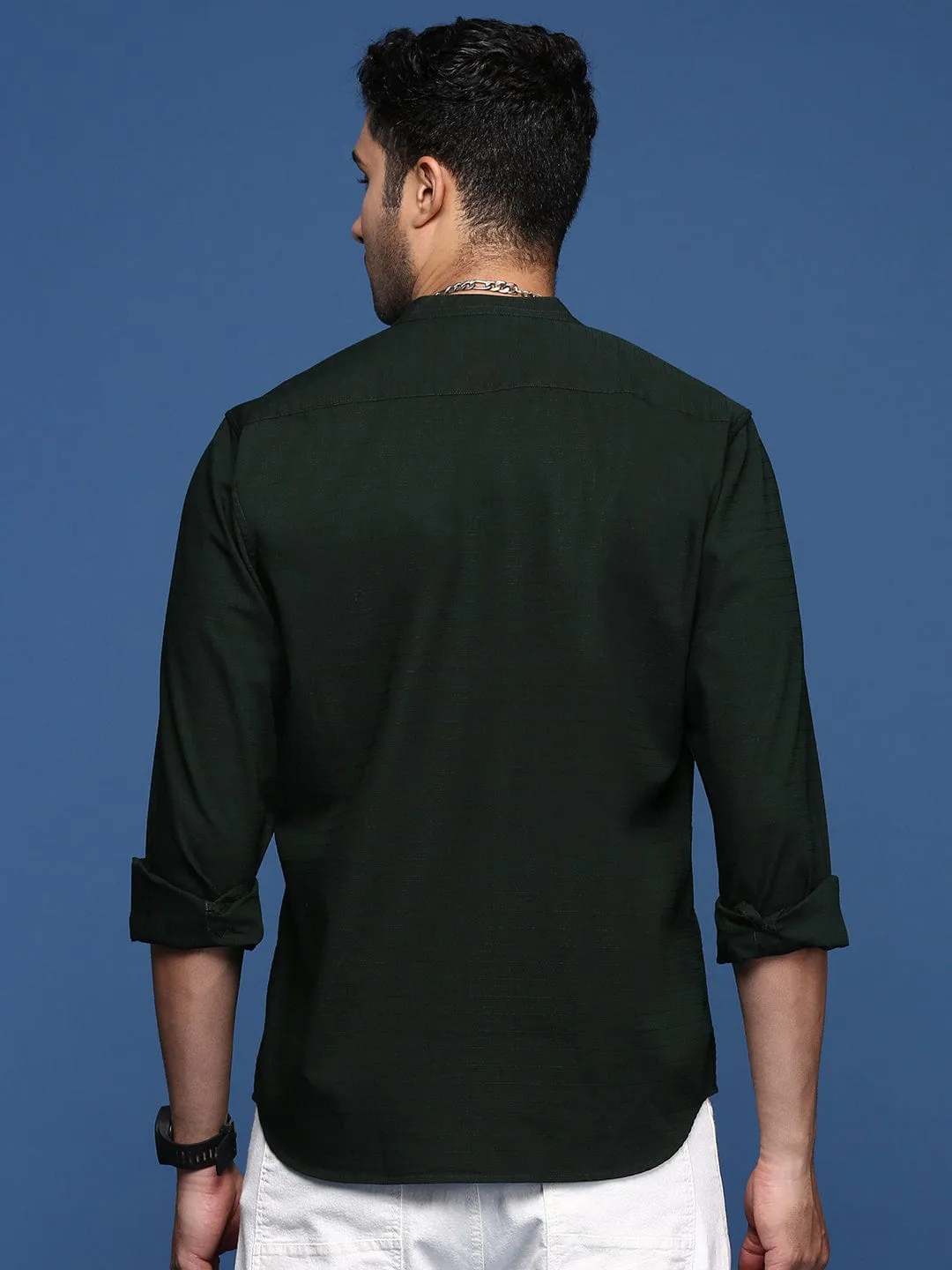 Men's Mandarin Collar Green Solid Slim Fit Shirt DoubleLayered Structure