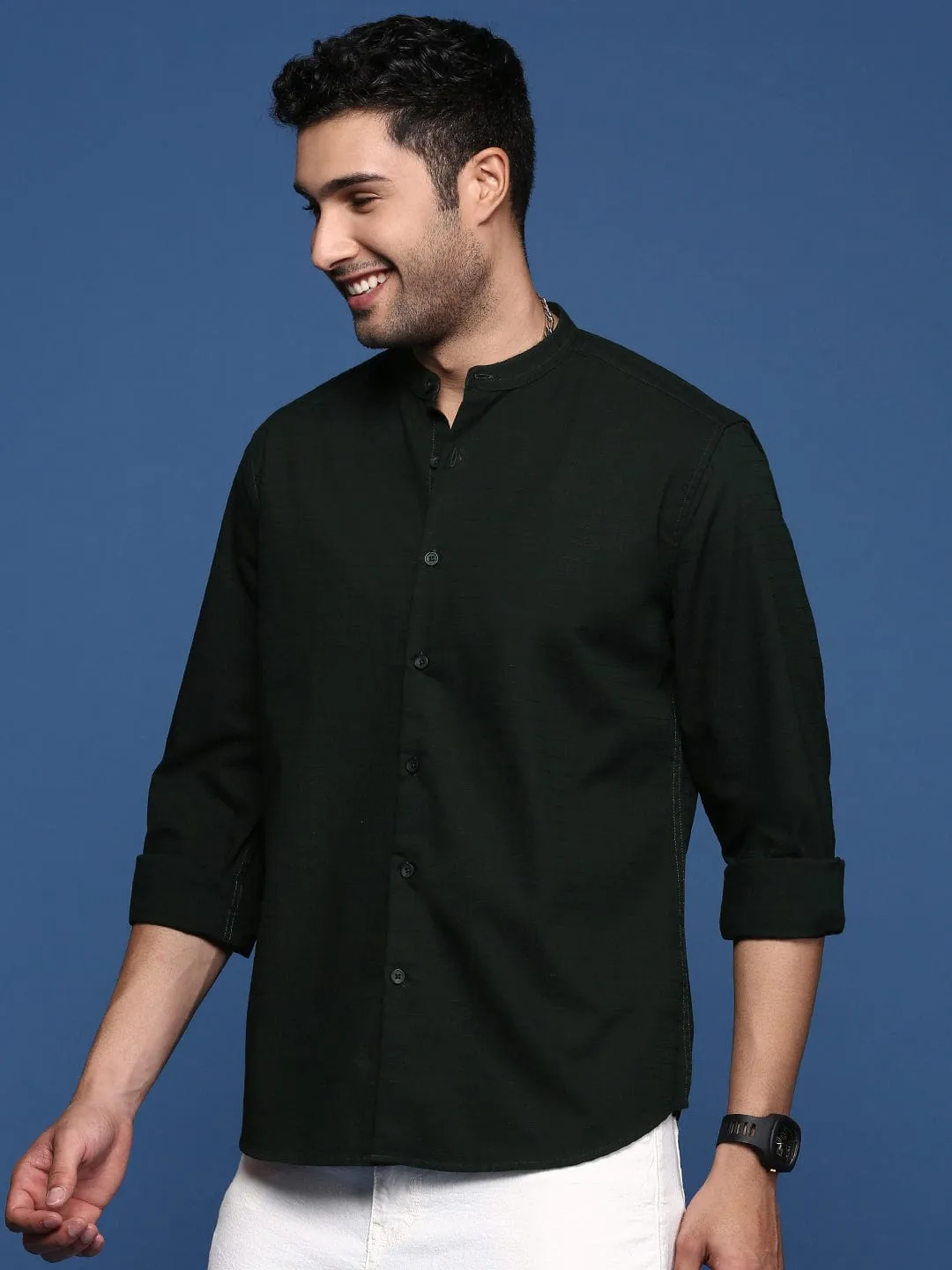 Men's Mandarin Collar Green Solid Slim Fit Shirt PressureRelief Seams