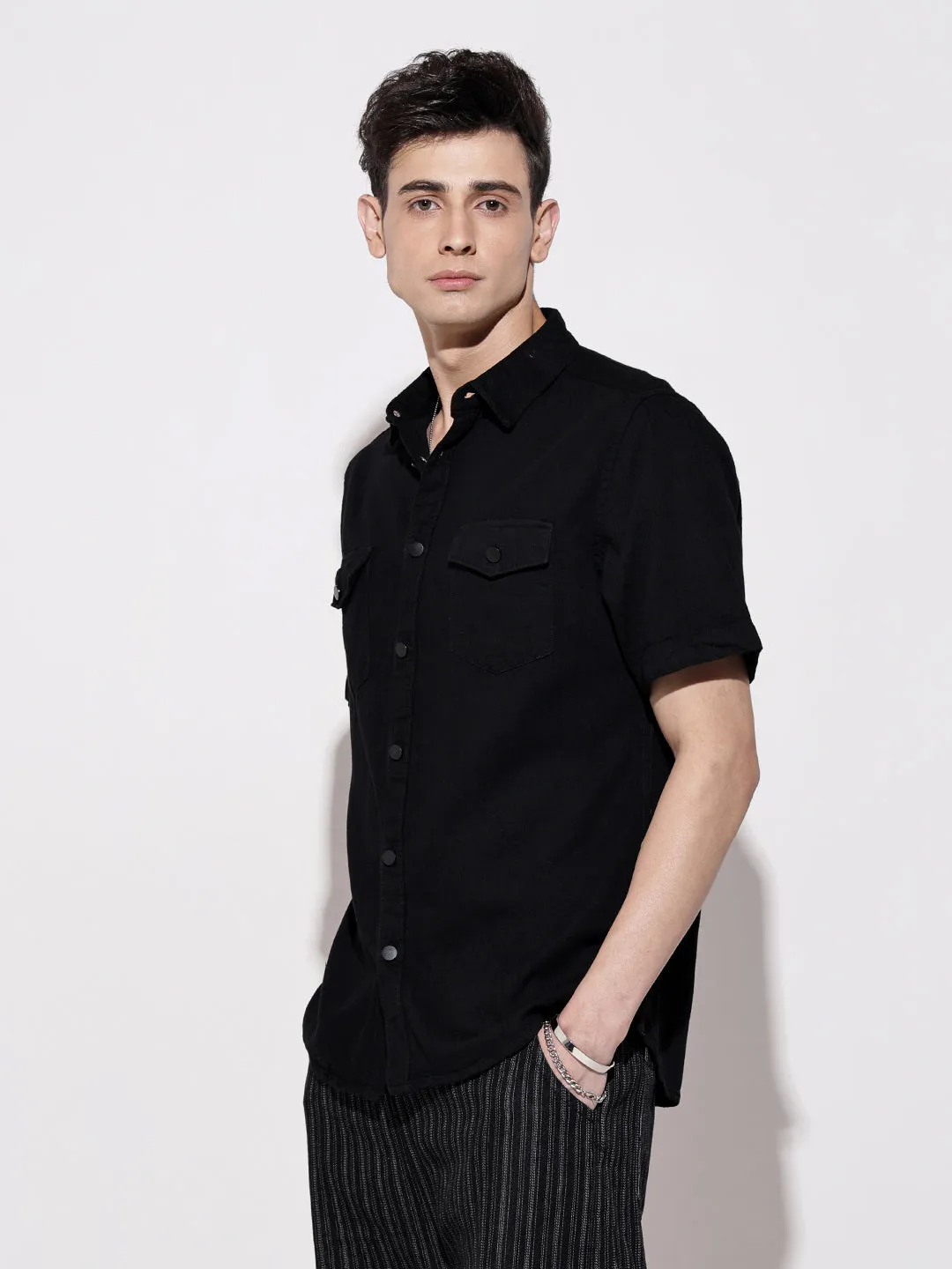 Men's Black Half Sleeve Casual Button-Down Shirt with Chest Pockets Denim Cool Thick Fiber