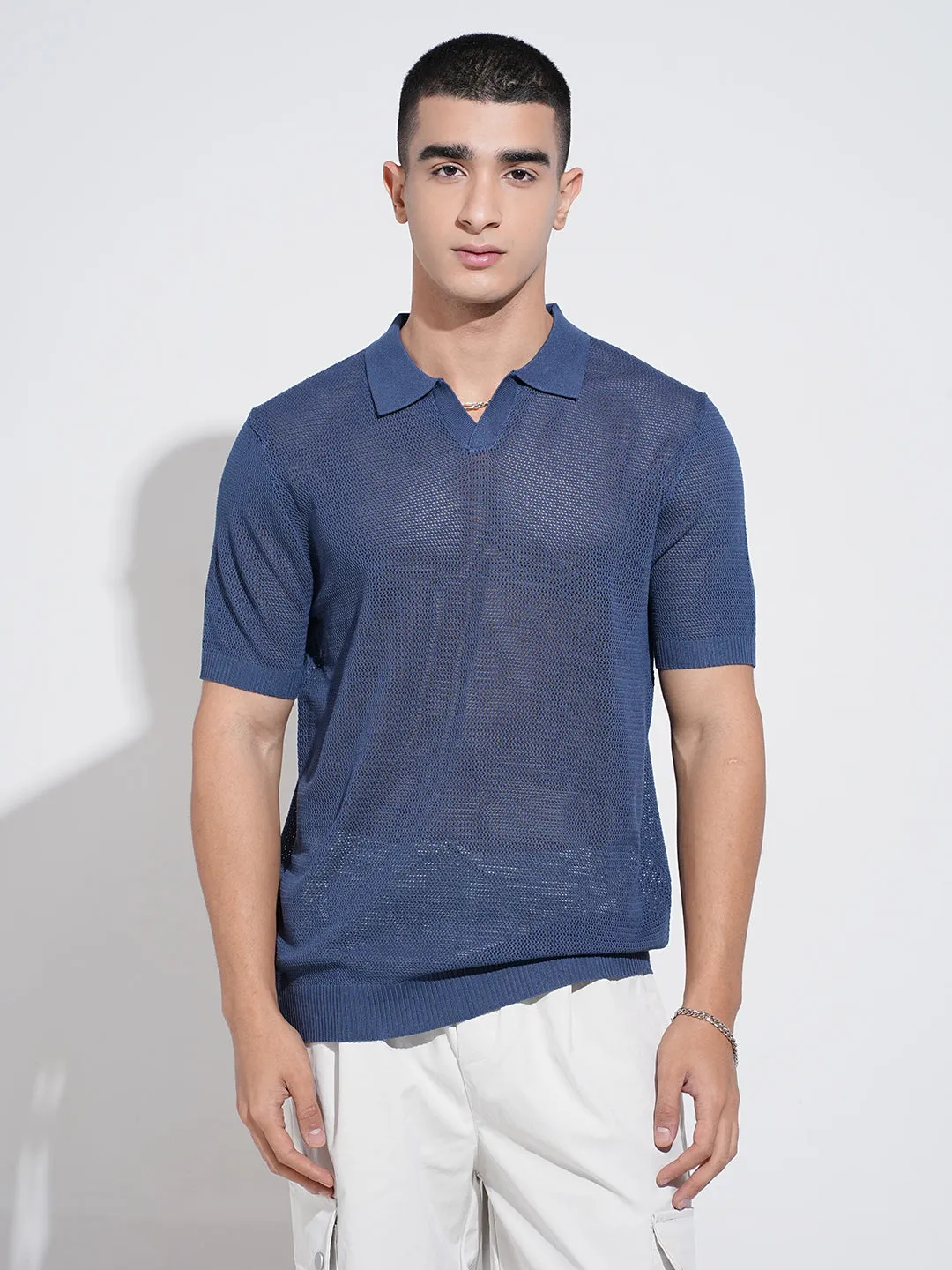 Men's Blue Short Sleeves Polo Collar Regular Fit T-Shirt Soft Core