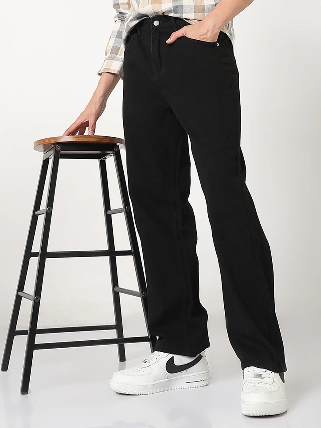 Comfortable Design Textured Versatile Shopping Day Men's Black Straight Fit Jeans with Back Zip