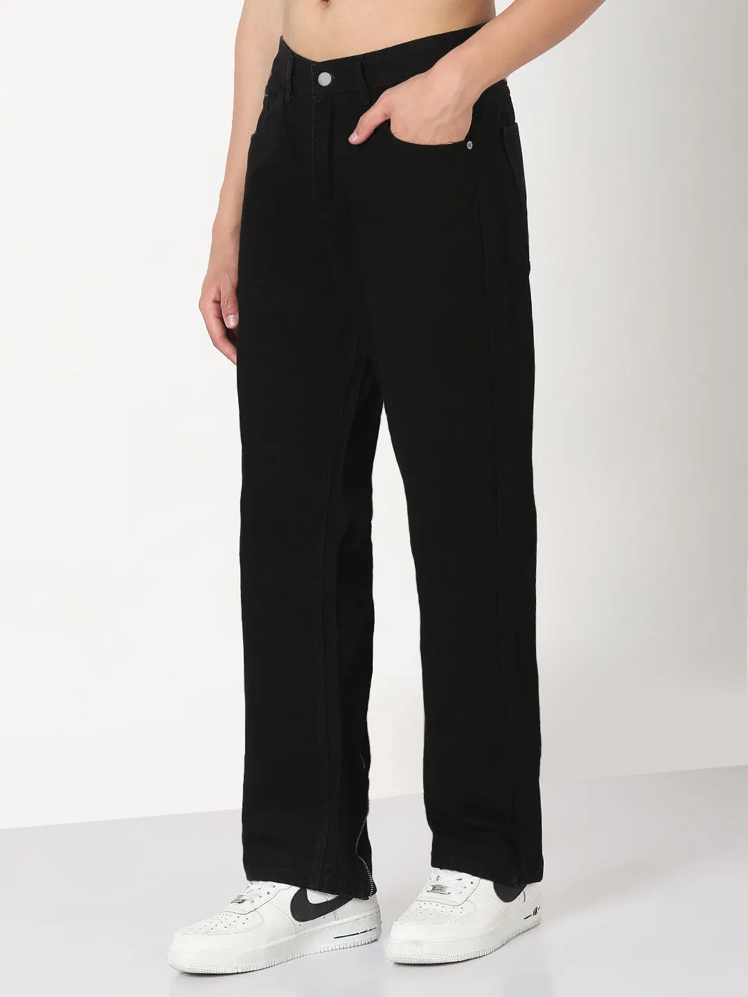 Men's Black Straight Fit Jeans with Back Zip Stylish Silhouette