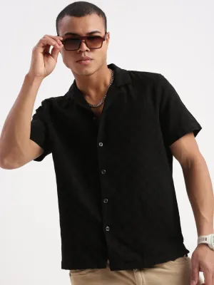 Men's Cuban Collar Solid Black Casual Shirt DoubleLayered Comfy Style