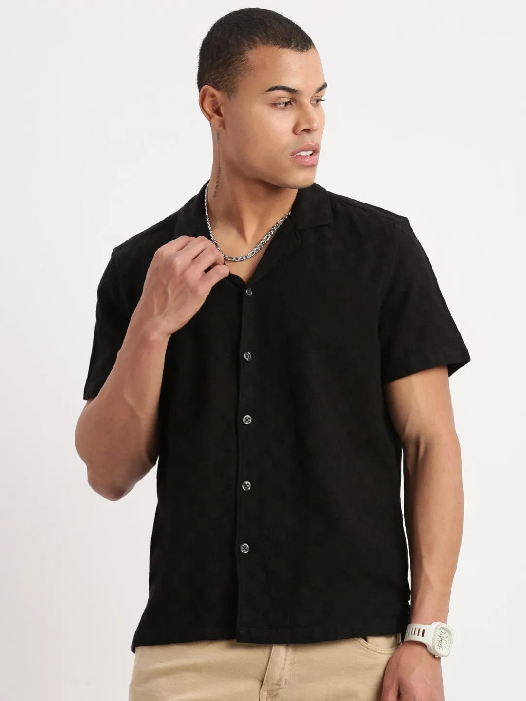 LowBulkFabric Men's Cuban Collar Solid Black Casual Shirt