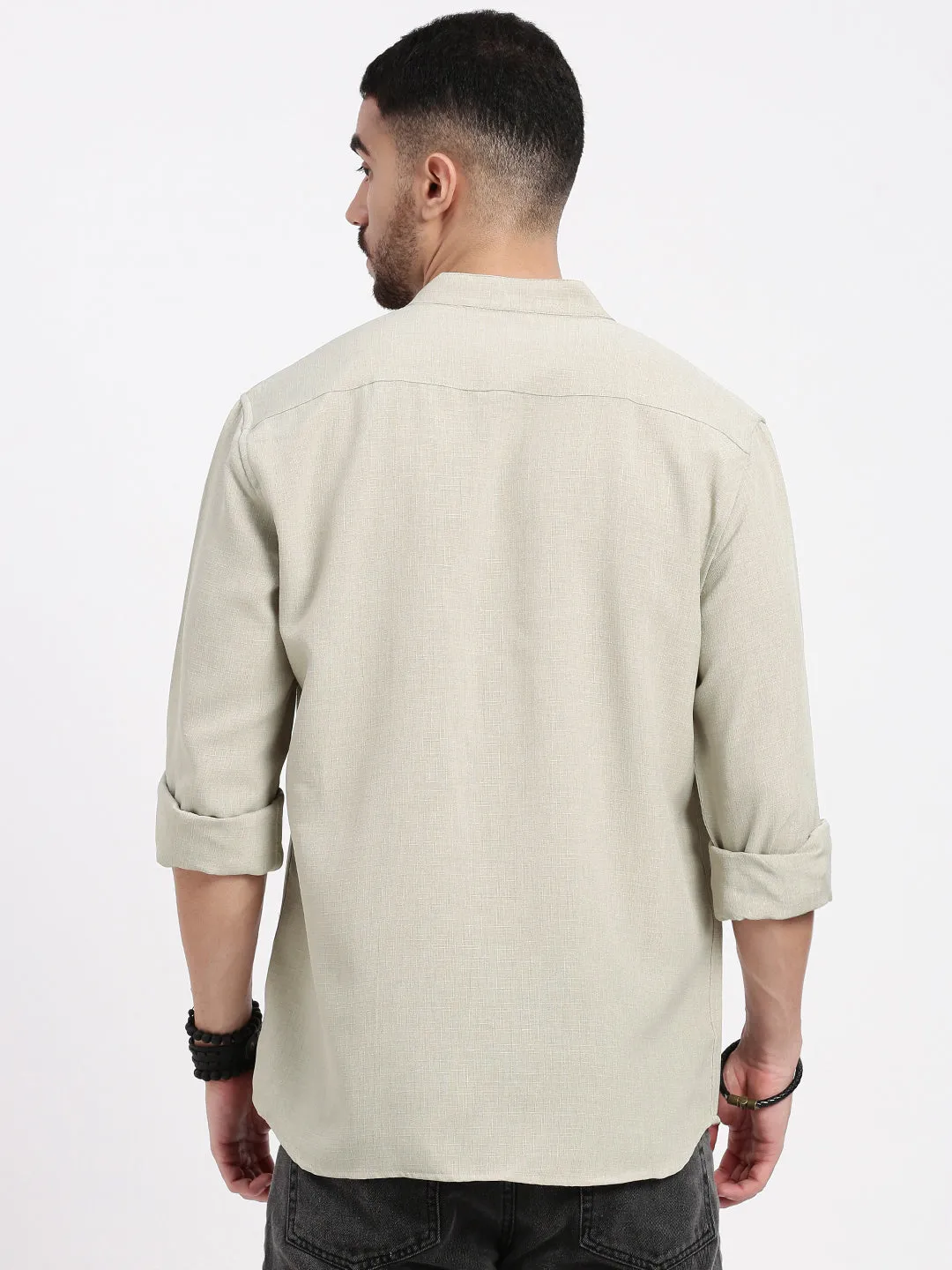 Layered Shirt Spark Soul Men's Beige Mandarin Collar Solid Slim Fit Shirt