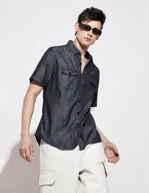 Men's Navy Blue Half Sleeve Casual Button-Down Shirt with Chest Pockets Sophisticated Style