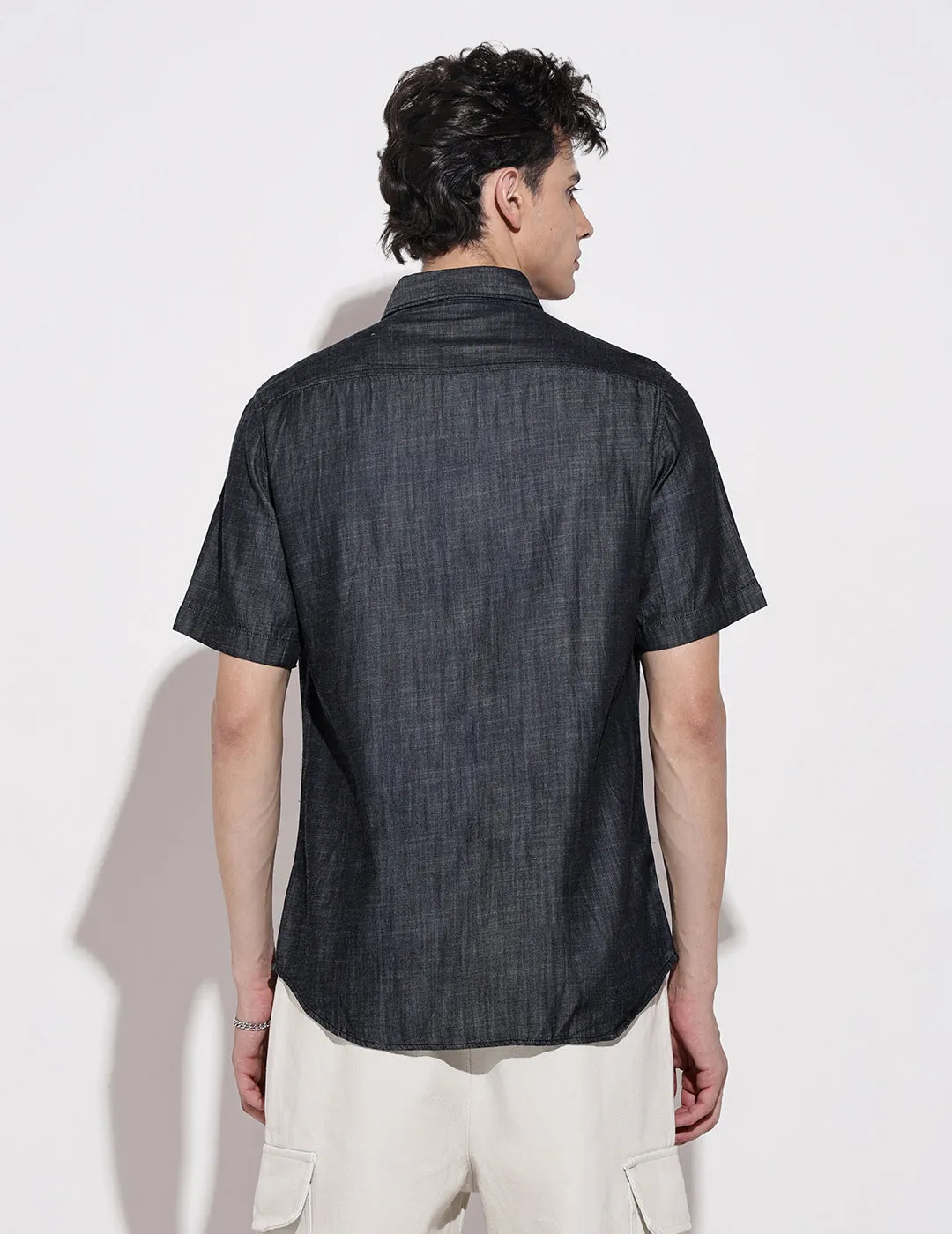 Low Maintenance Men's Navy Blue Half Sleeve Casual Button-Down Shirt with Chest Pockets