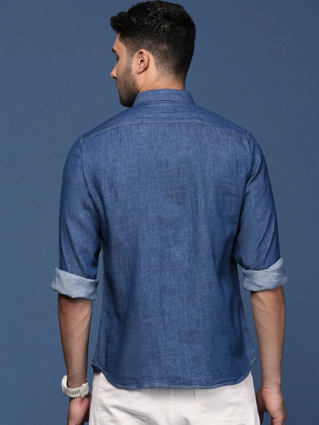 Men's Navy Blue Solid Cotton Standard Slim Fit Casual Shirt MachineWashable Fabric