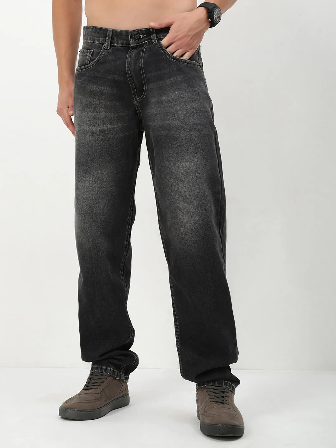 Men's Grey Solid Straight Fit Jeans Minimal Aesthetic