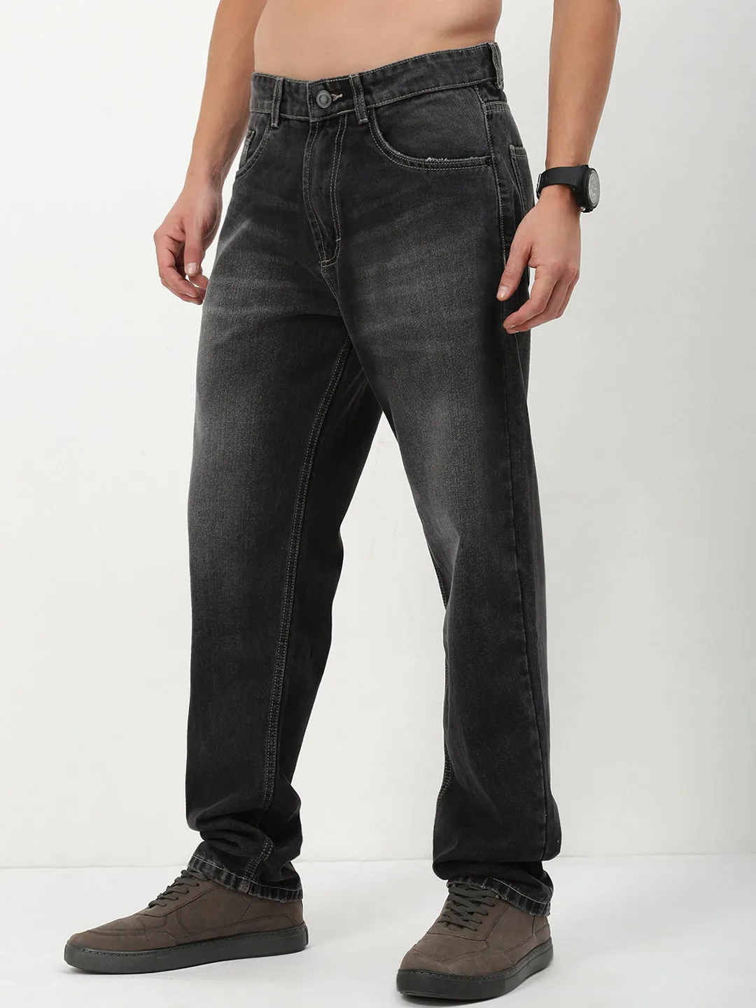 Brushed Interior Men's Grey Solid Straight Fit Jeans