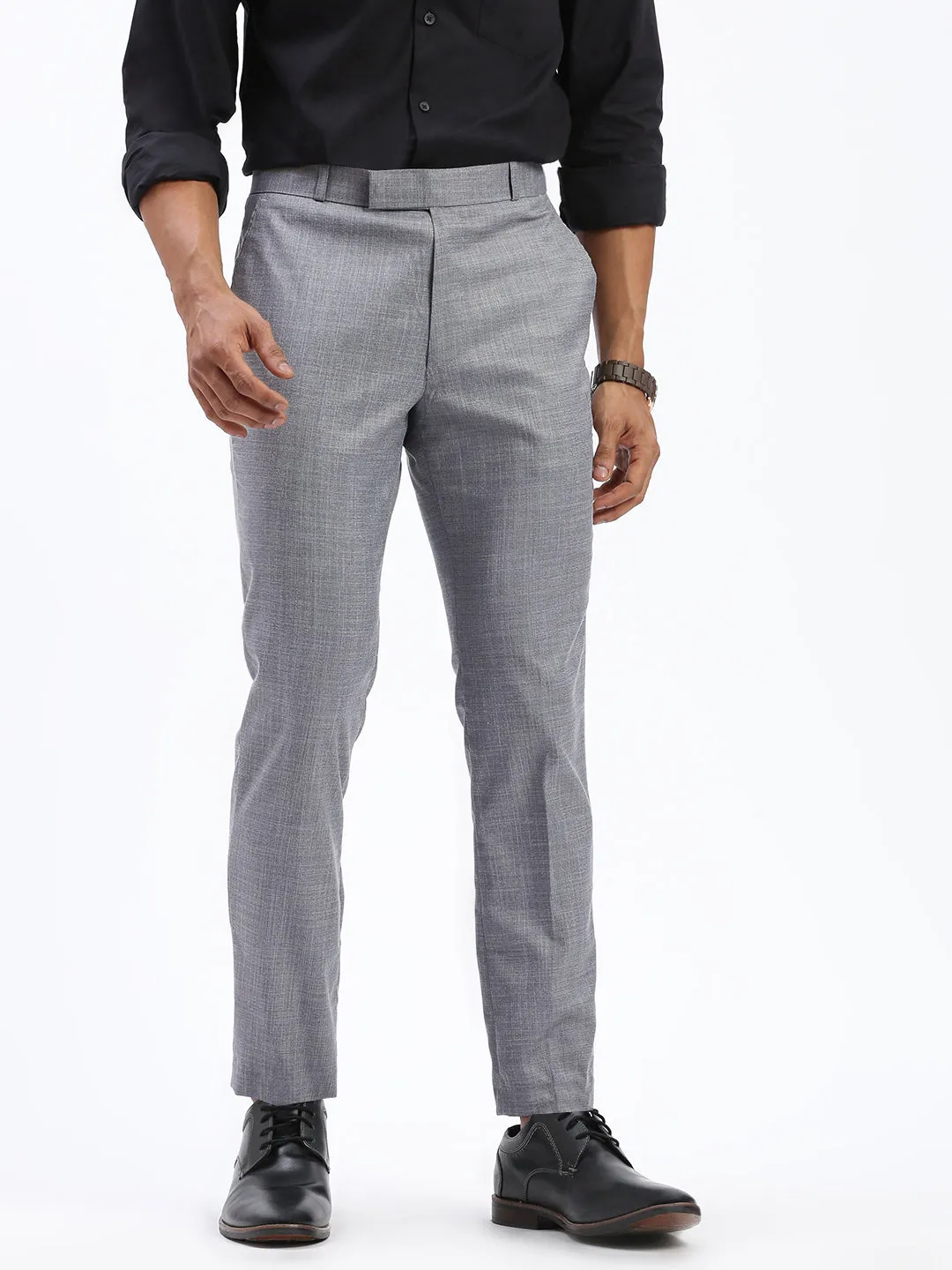 Men's Grey Cotton Comfort Slim Fit Low-Rise Trousers Simple and Cozy