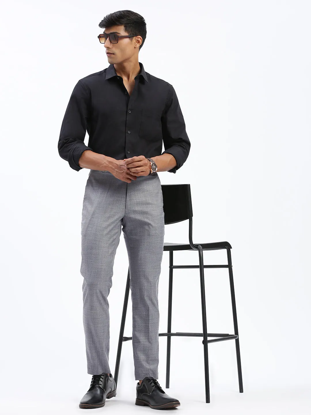 Essential Waist Minimalist Look Men's Grey Cotton Comfort Slim Fit Low-Rise Trousers