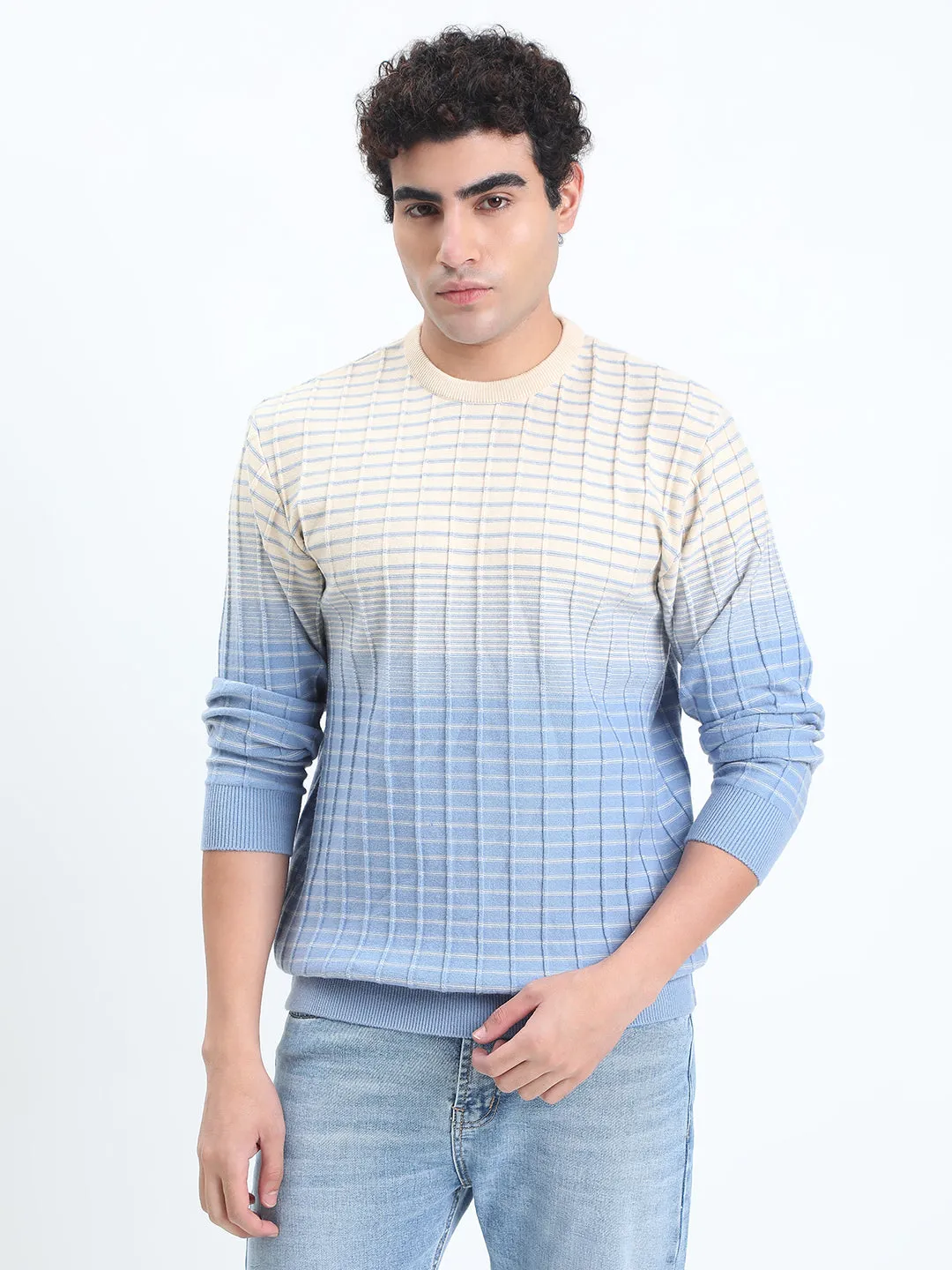 Men's Textured Blue Ombre Ribbed Round Neck Sweater Sustainable Dye Process Natural Odor Control