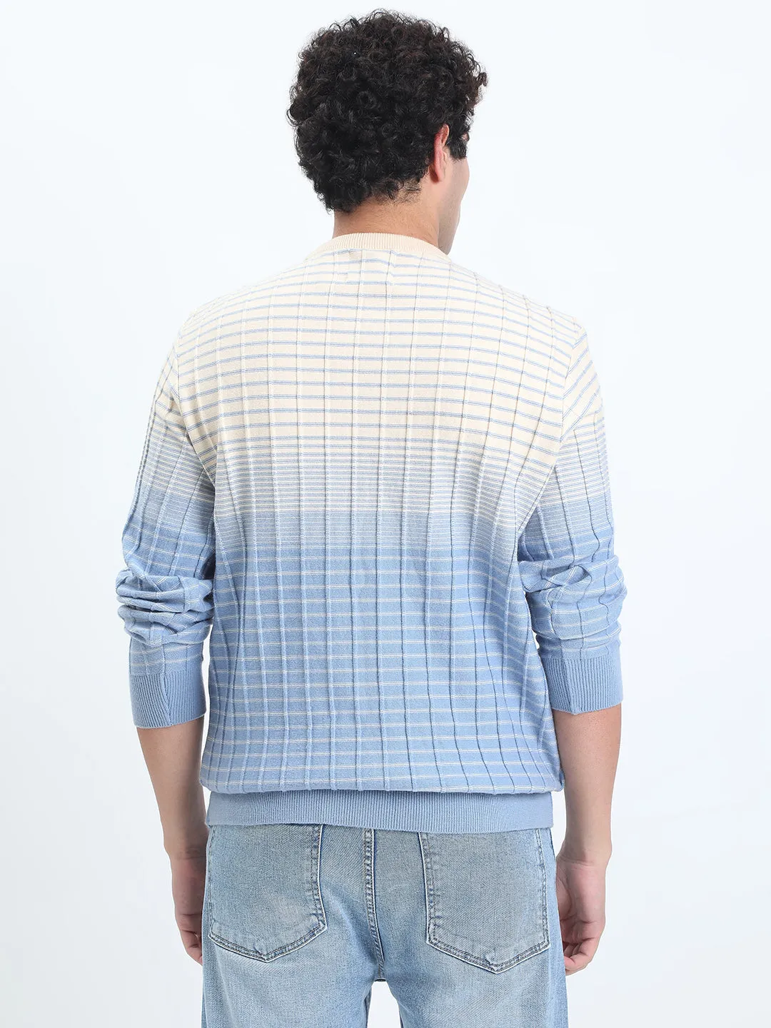 MoistureControl Fabric Men's Textured Blue Ombre Ribbed Round Neck Sweater