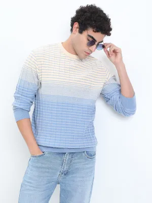 early morning Anti Pilling Finish Men's Textured Blue Ombre Ribbed Round Neck Sweater