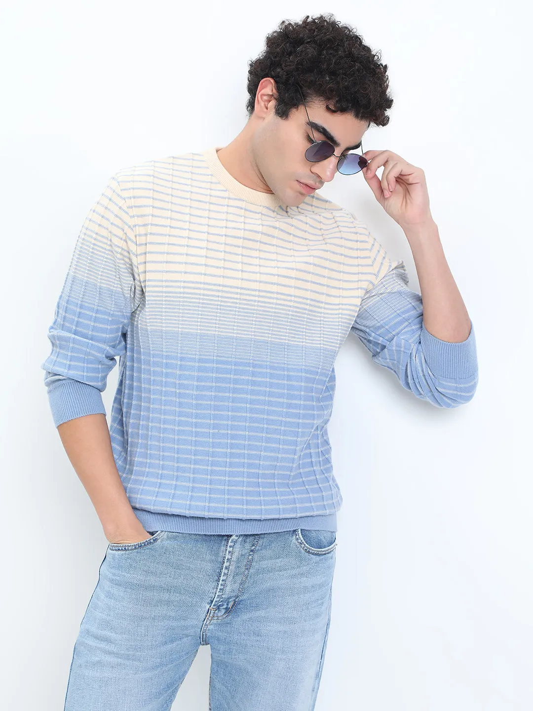 early morning Anti Pilling Finish Men's Textured Blue Ombre Ribbed Round Neck Sweater
