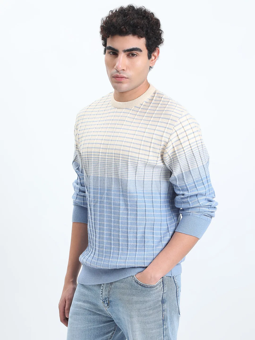 Double Layered Cuffs Men's Textured Blue Ombre Ribbed Round Neck Sweater