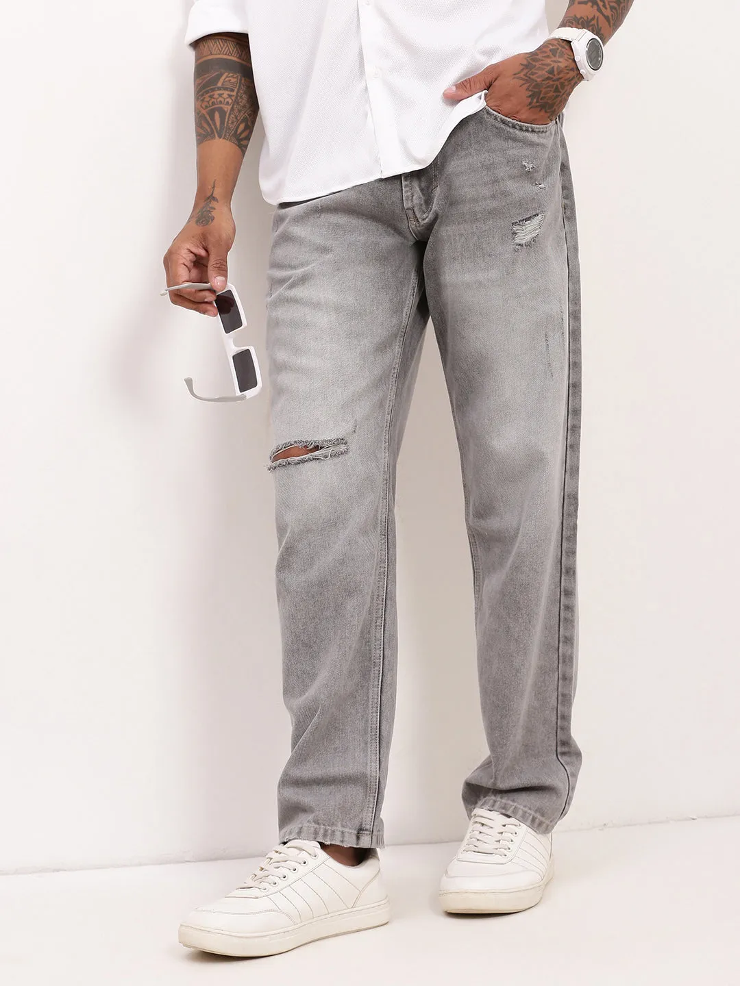 Casual Fit Relaxed Waist Fit Men's Grey Solid Straight Fit Jeans