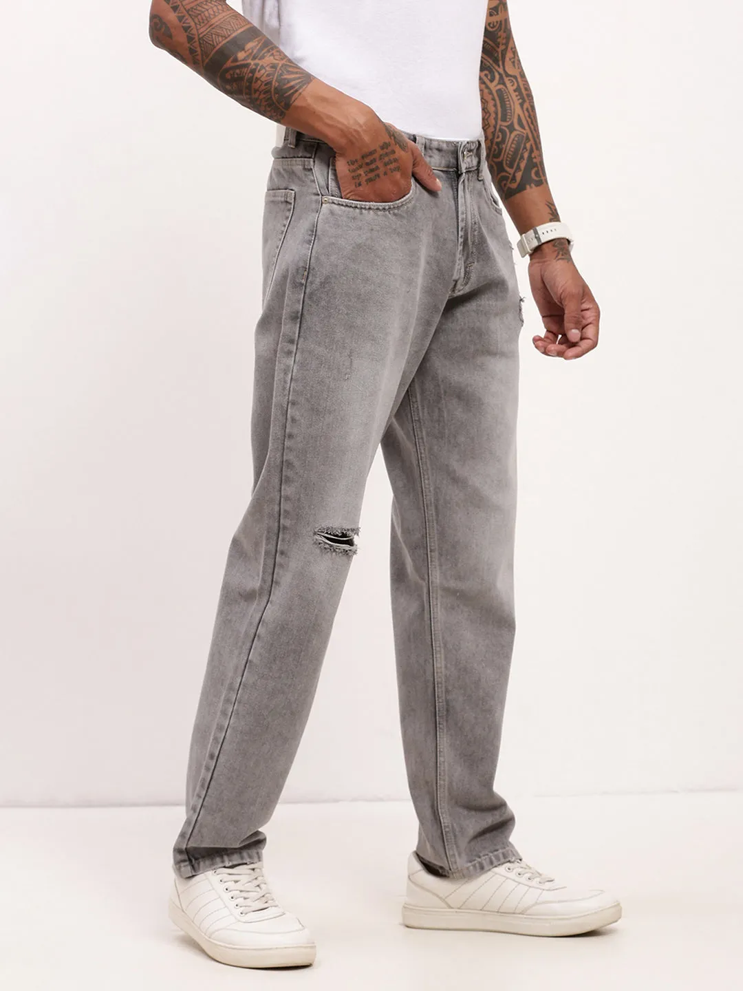 Travel Outfit Casual Stretch Men's Grey Solid Straight Fit Jeans