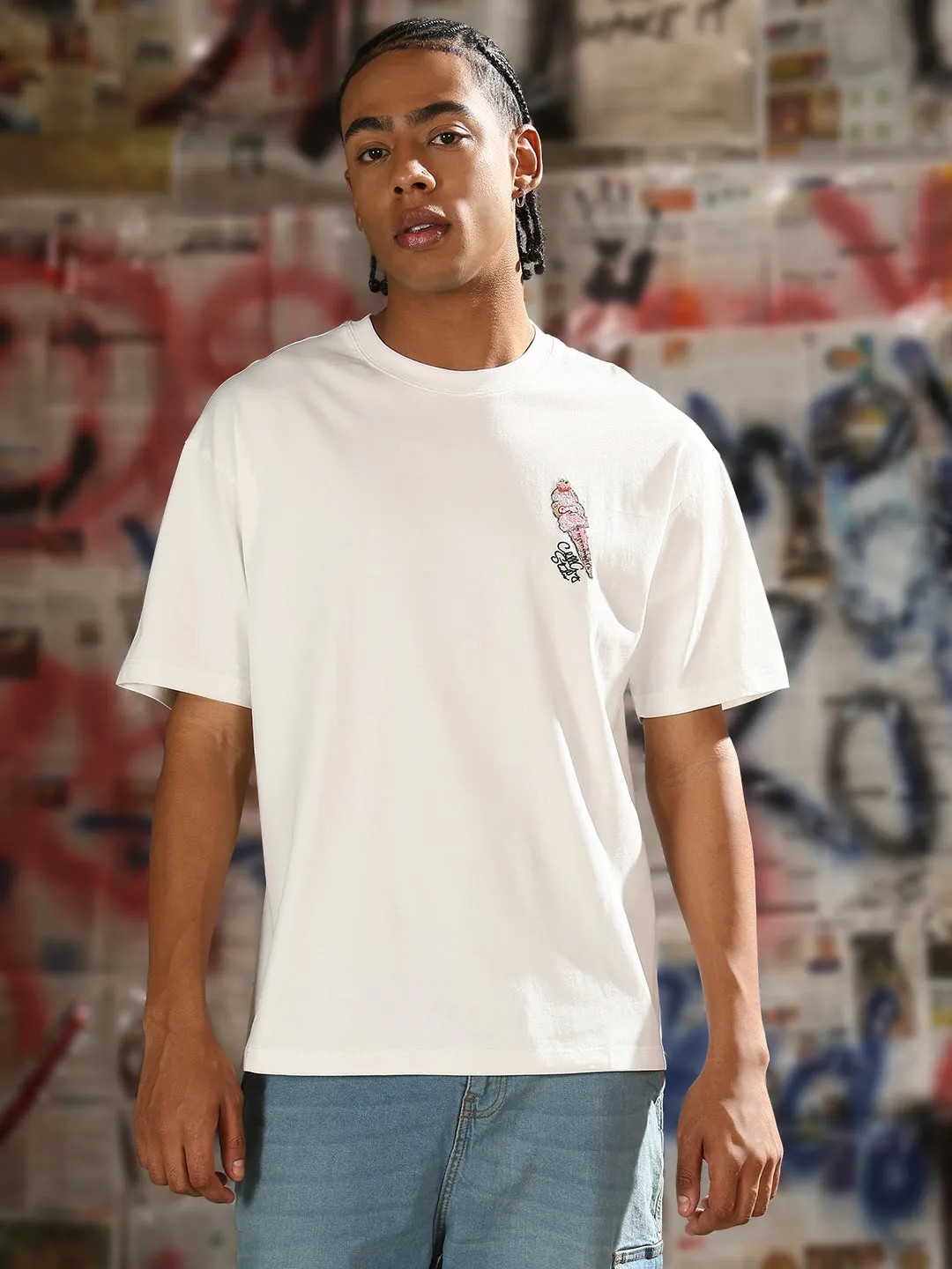 Breathable mesh lining Men's Casual White Graphic printed Relaxed Fit T-Shirt