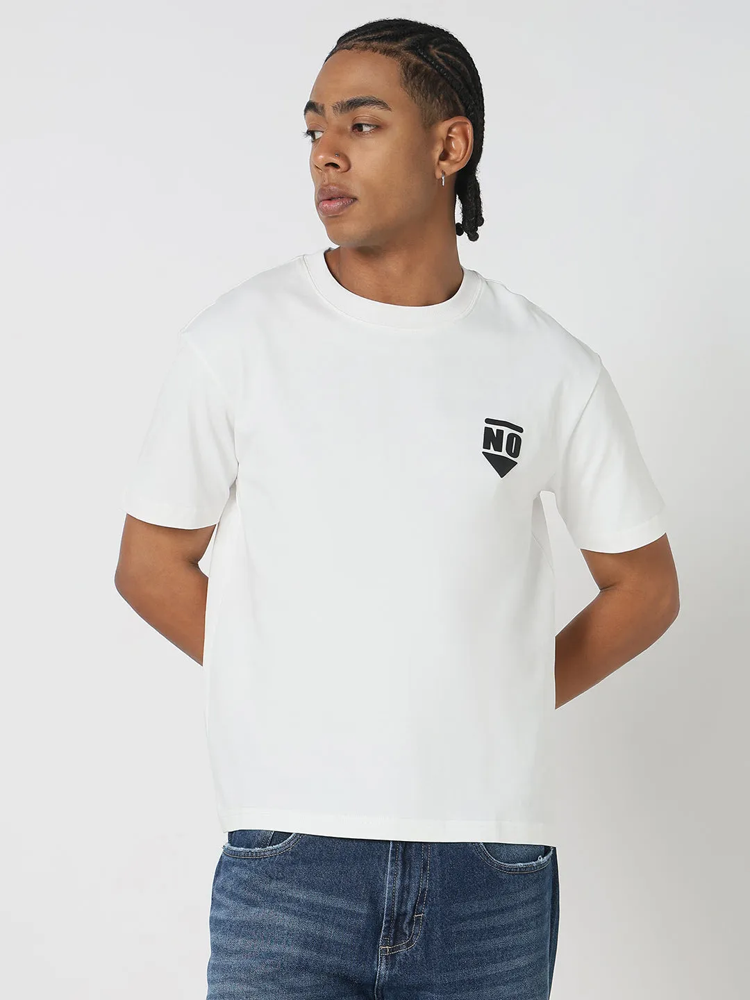 Adjustable Hem Men's Casual White Graphic T-Shirt