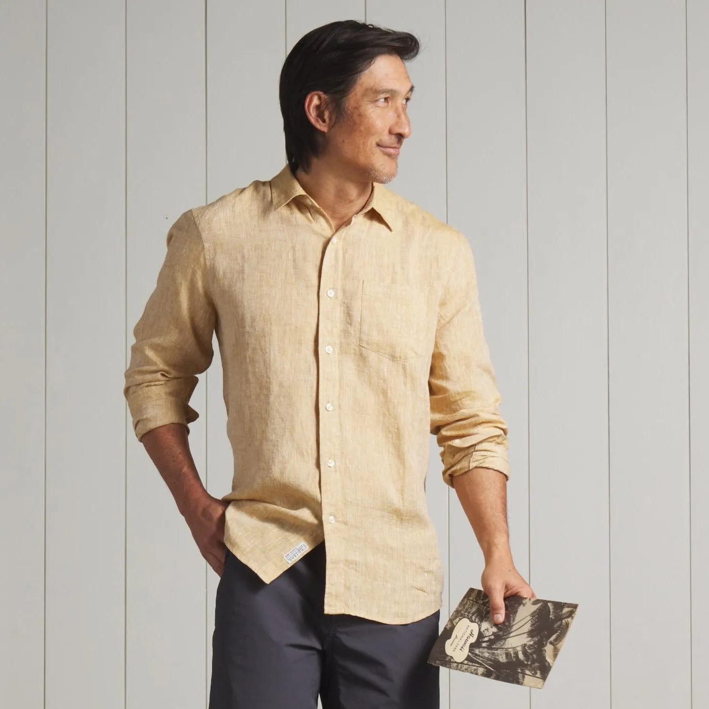 Non Restrictive Fit Nantucket Yarn Dyed Linen Shirt - Mustard