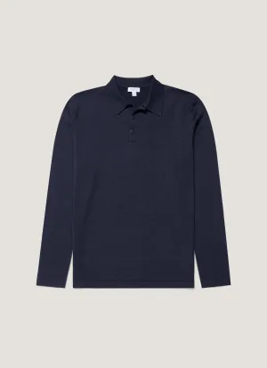 Jacquard Weave Quiet Style Men's Long Sleeve Sea Island Cotton Knit Polo Shirt in Light Navy