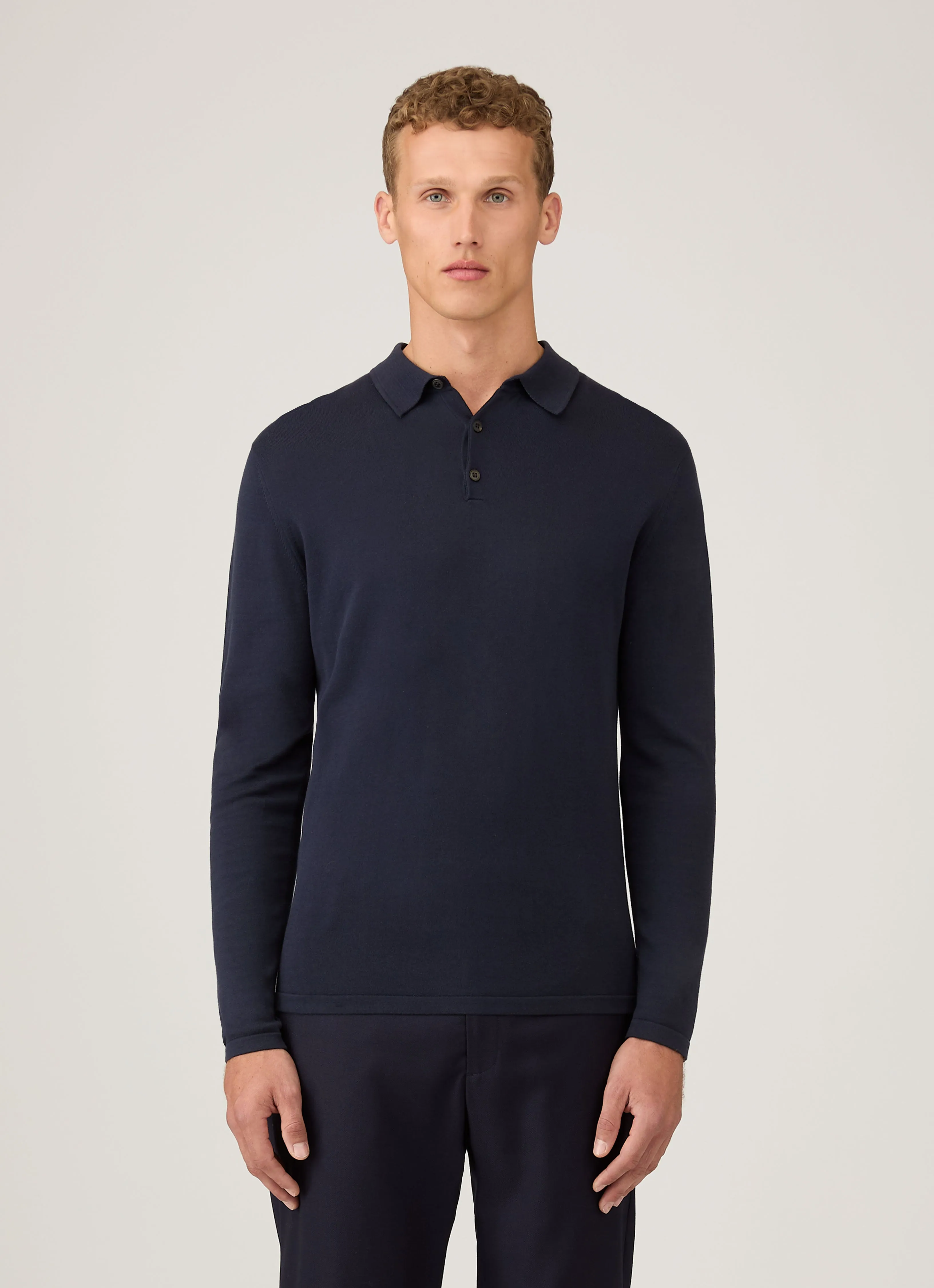 Men's Long Sleeve Sea Island Cotton Knit Polo Shirt in Light Navy Lightweight Layer