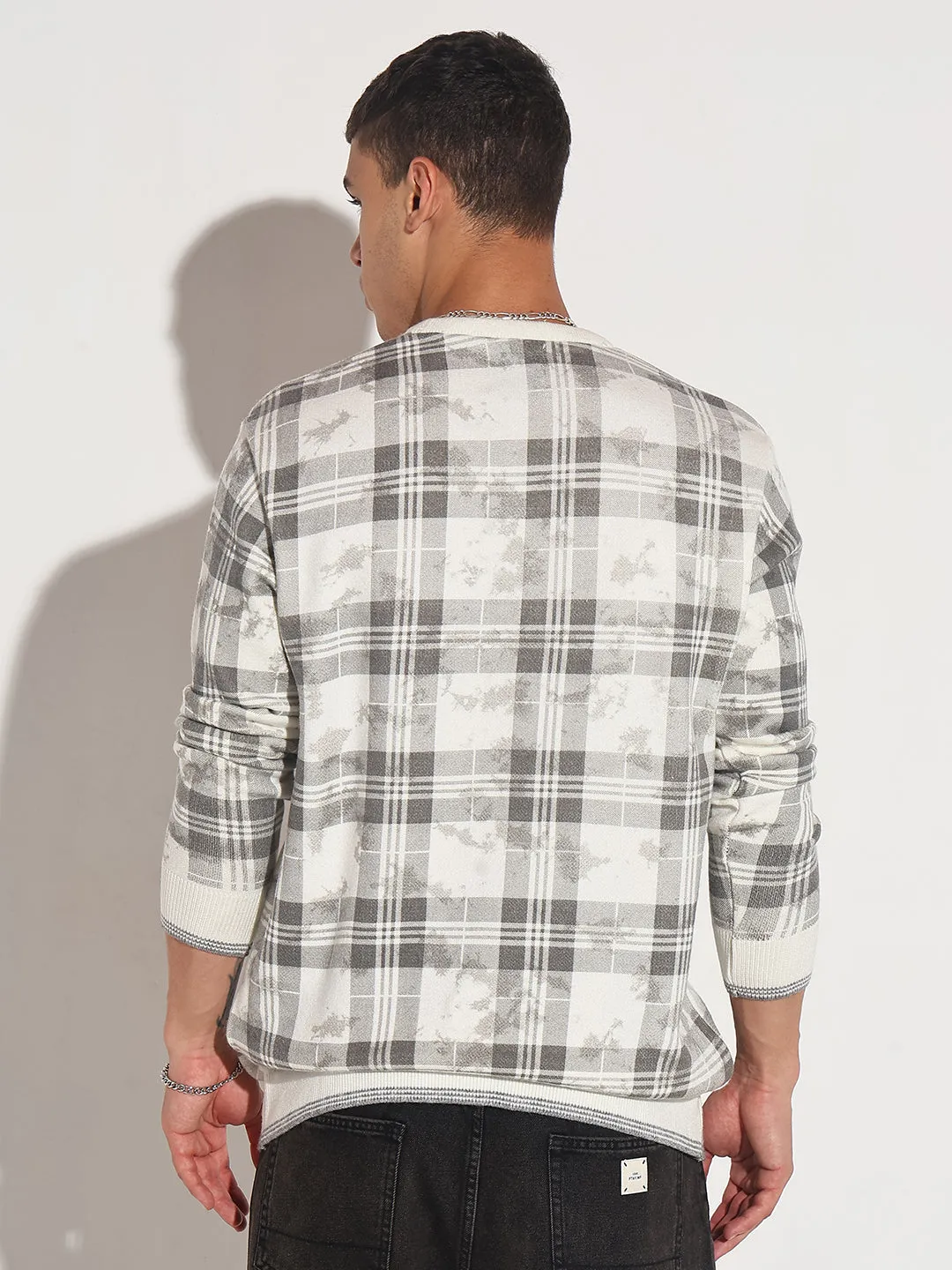 Ribbed Detailing Men's Checked Grey Ribbed Round Neck Sweater