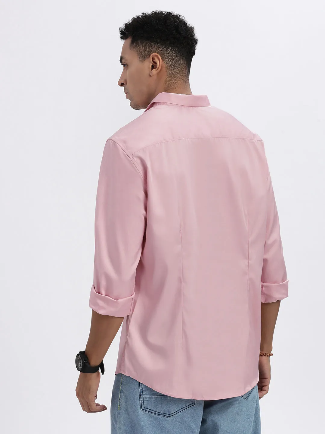 Men's Peach Standard Spread Collar Solid Cotton Slim Fit Casual Shirt Effortless Fashion CompressionEnhanced Fit