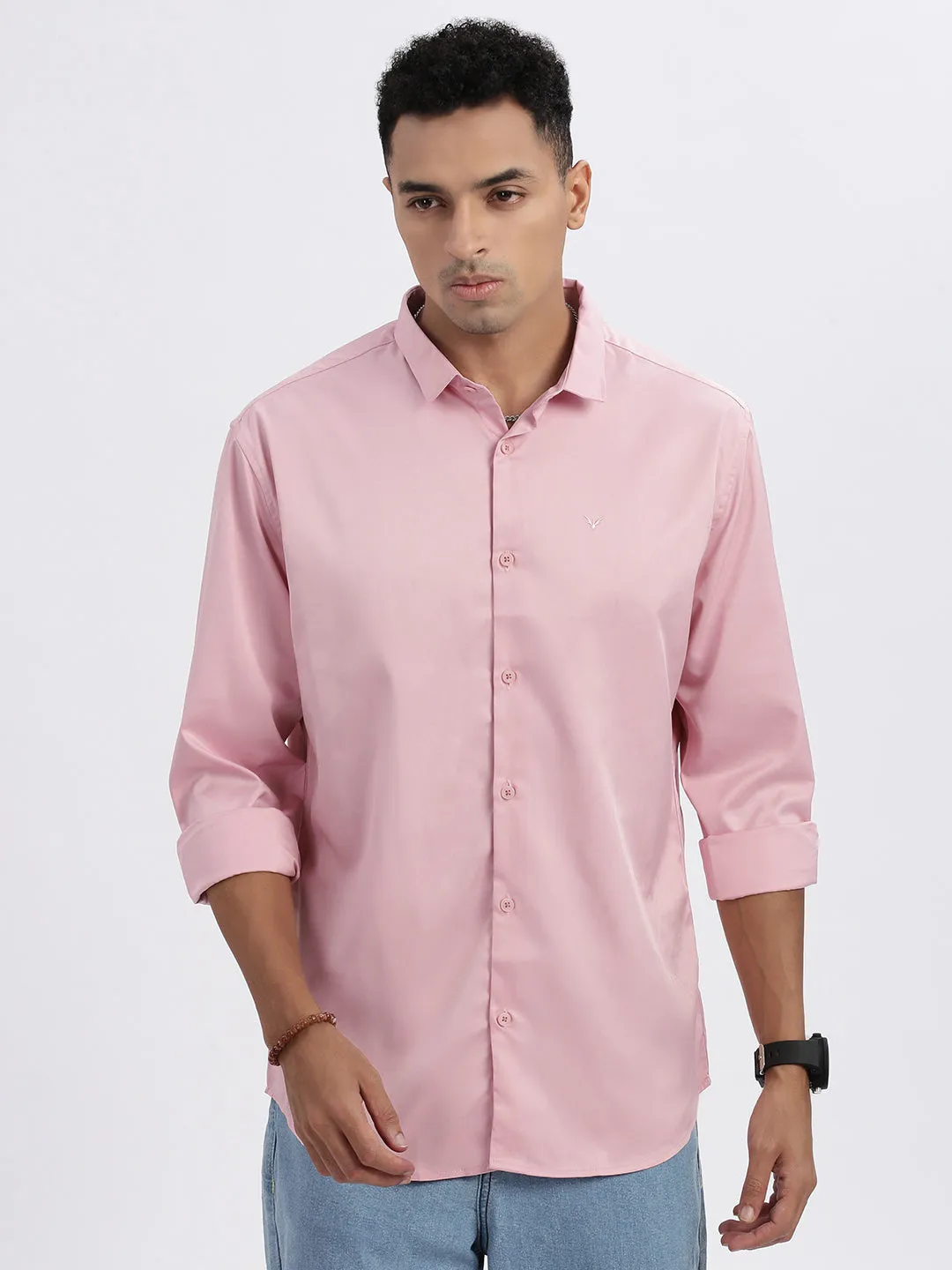 Layer Play Fashion Layers Men's Peach Standard Spread Collar Solid Cotton Slim Fit Casual Shirt